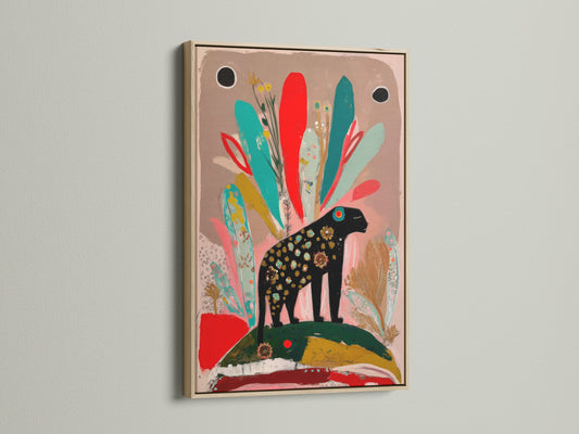 This folk art elephant print looks stunning in an oak frame. Its colorful abstract style adds a touch of whimsy. Ideal for nursery wall art or bohemian-inspired spaces. It enhances any room's aesthetic.