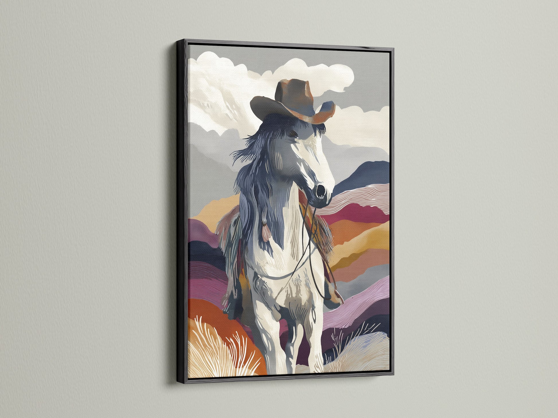Classic black frame showcasing cowboy horse art. The contrasting tones make this southwestern print a focal point. Perfect as office wall decor or for adding a rustic touch to your home. Explore this striking western canvas.
