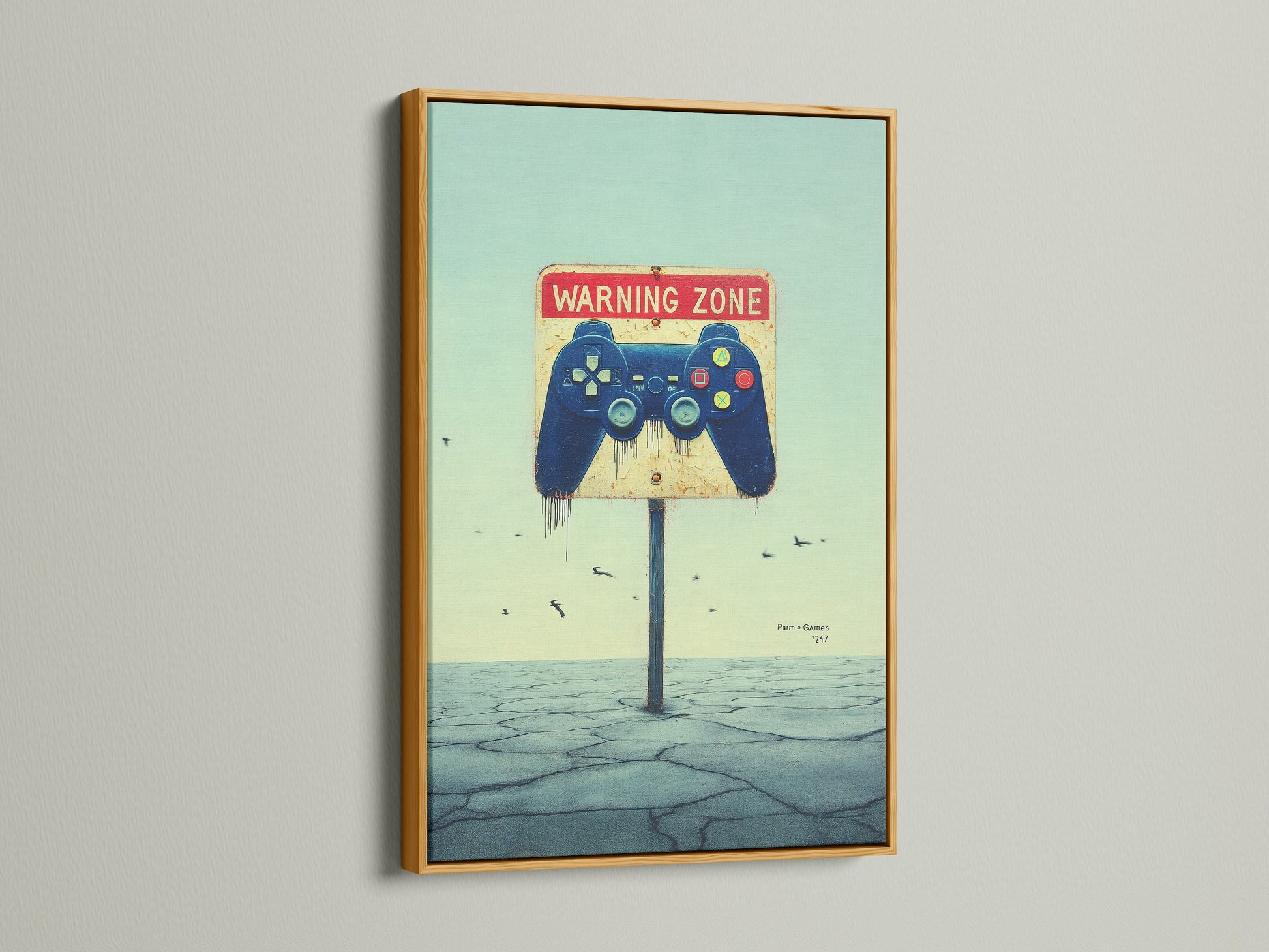 Gaming Zone Canvas Print with a gold frame. This gaming print suits industrial styles. The cool teen boy gift is perfect for studios. The video game poster suits streaming rooms. The artwork enhances home offices.