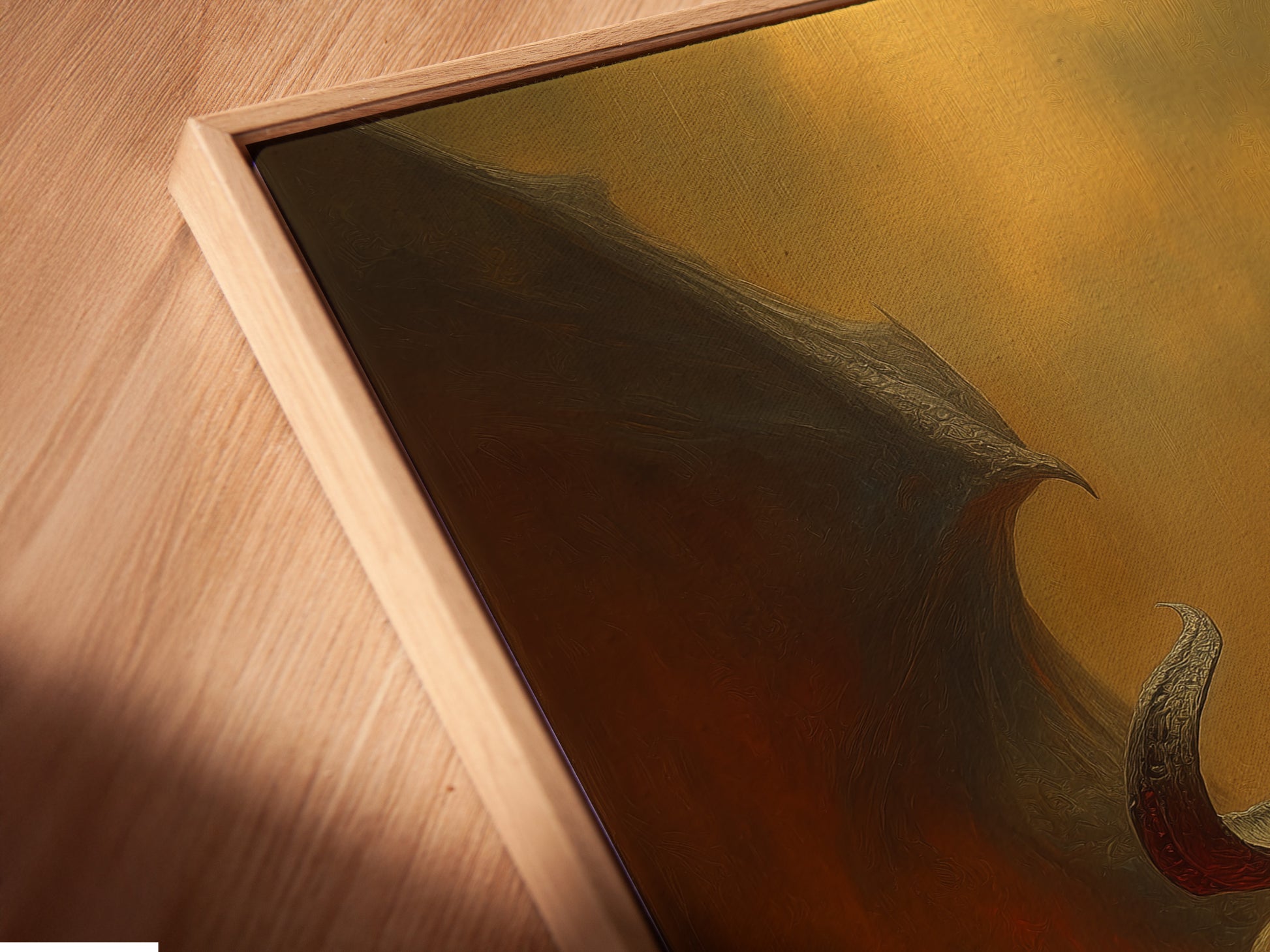 A close-up showcases a canvas print in a floating frame. The artwork appears to hover within the frame. This creates a modern gallery look. Explore our framed canvas prints. Elevate your decor with our unique designs.