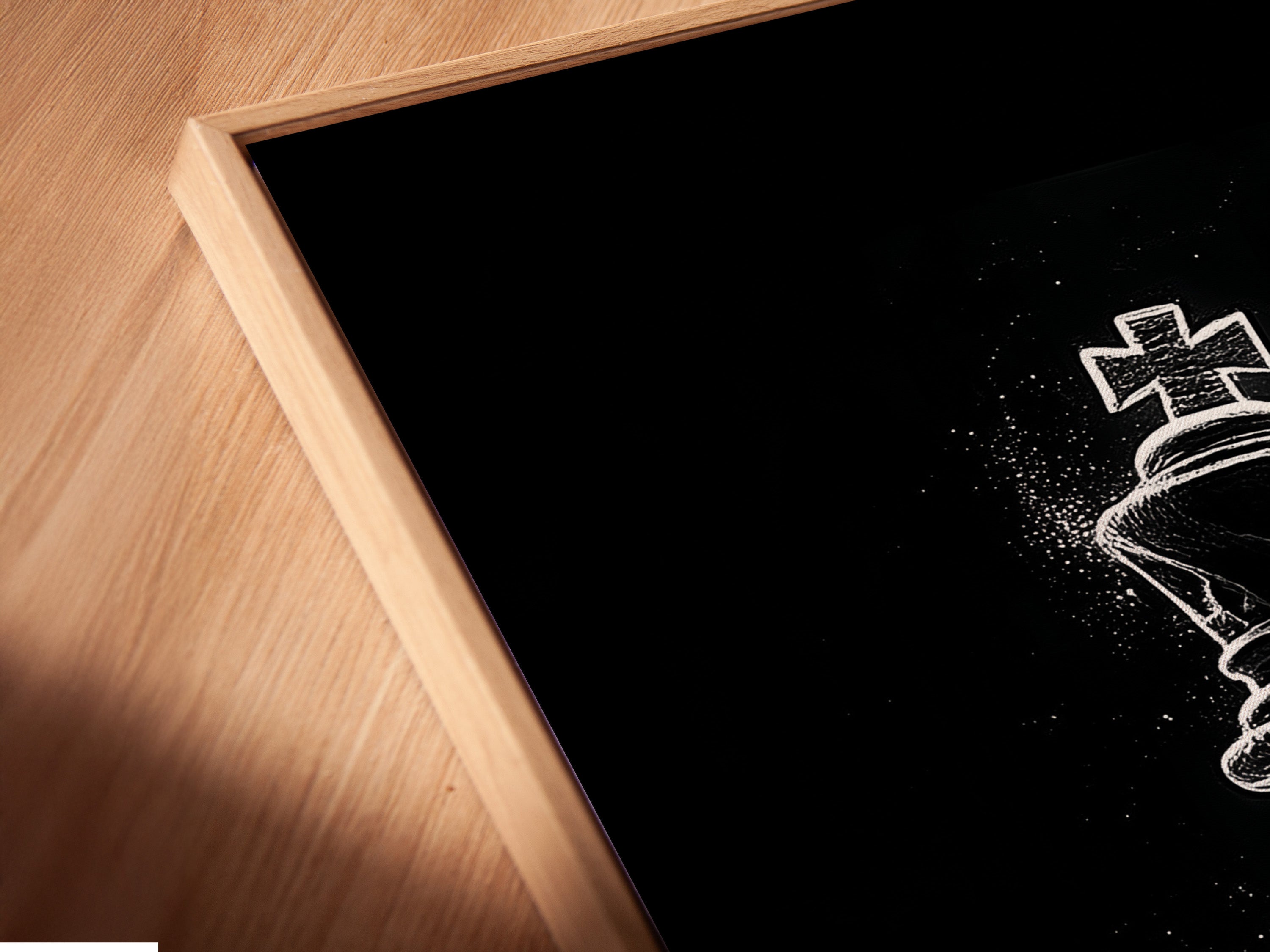 Close-up angled view of a canvas print in a floating frame. The chess artwork appears to hover within the frame. This modern wall decor option adds depth and sophistication to any space. It's a unique way to display art.