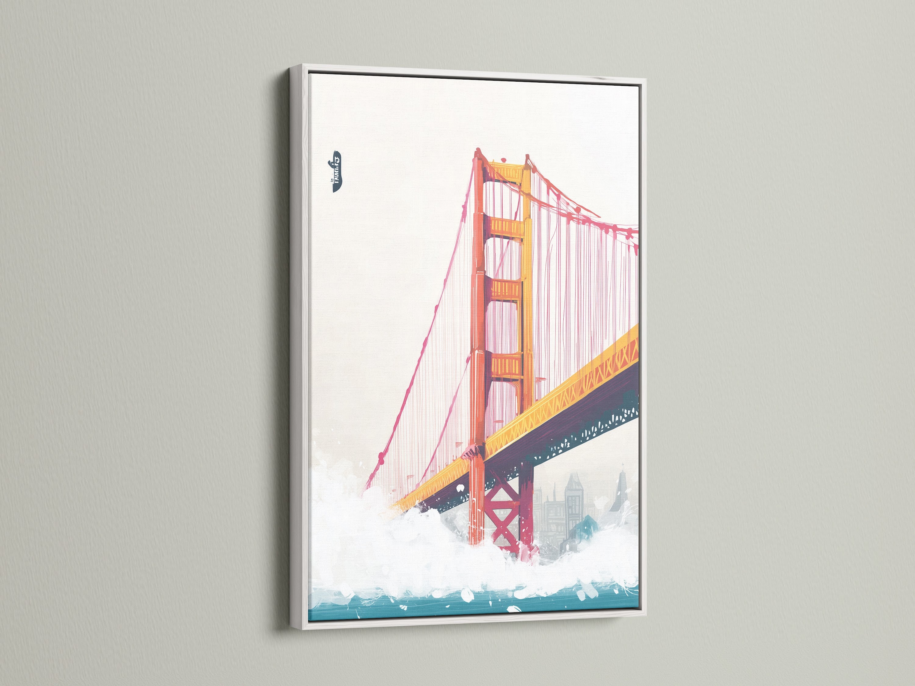 A clean white frame provides a modern touch to any artwork. The Golden Gate Bridge artwork shines within this frame. This is a versatile option for any contemporary space. Get your canvas or art paper in a white frame.