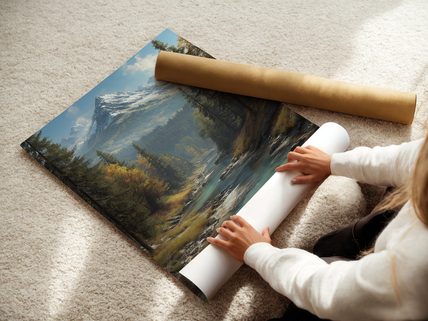 A woman is carefully rolling a fine art poster paper print. Showcasing the care that goes into handling the mountain river art. The alpine landscape poster is ready for framing or display. Great for adding nature wall art to your home.