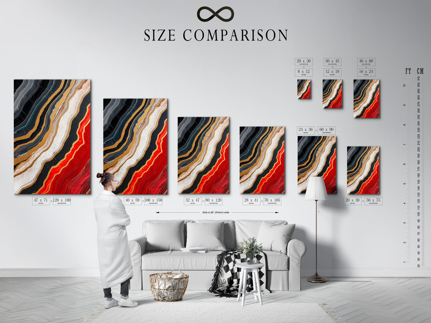 The size comparison chart is displayed in a stylish interior setting. This chart provides a clear visual representation of various artwork sizes. It helps you choose the perfect dimensions for your space. The interior setting adds context and inspiration. Find the ideal size for your artwork with this helpful chart.