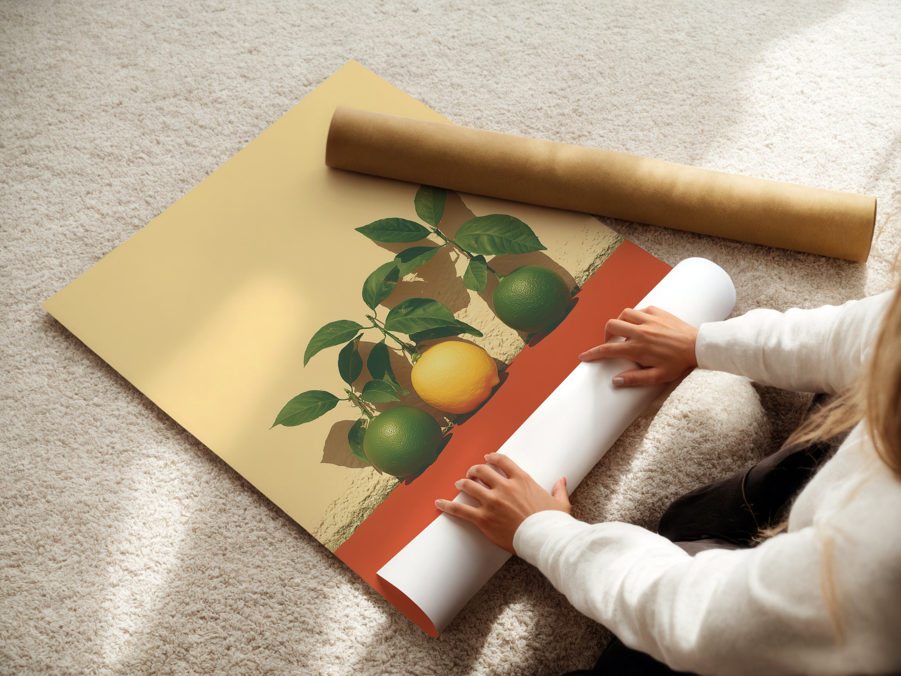 A woman carefully rolling a fine art poster paper of the Citrus Fruit Artwork. The fine art poster paper ensures a high-quality print. Perfect for modern kitchen wall decor and botanical prints. Ideal for still life artwork.