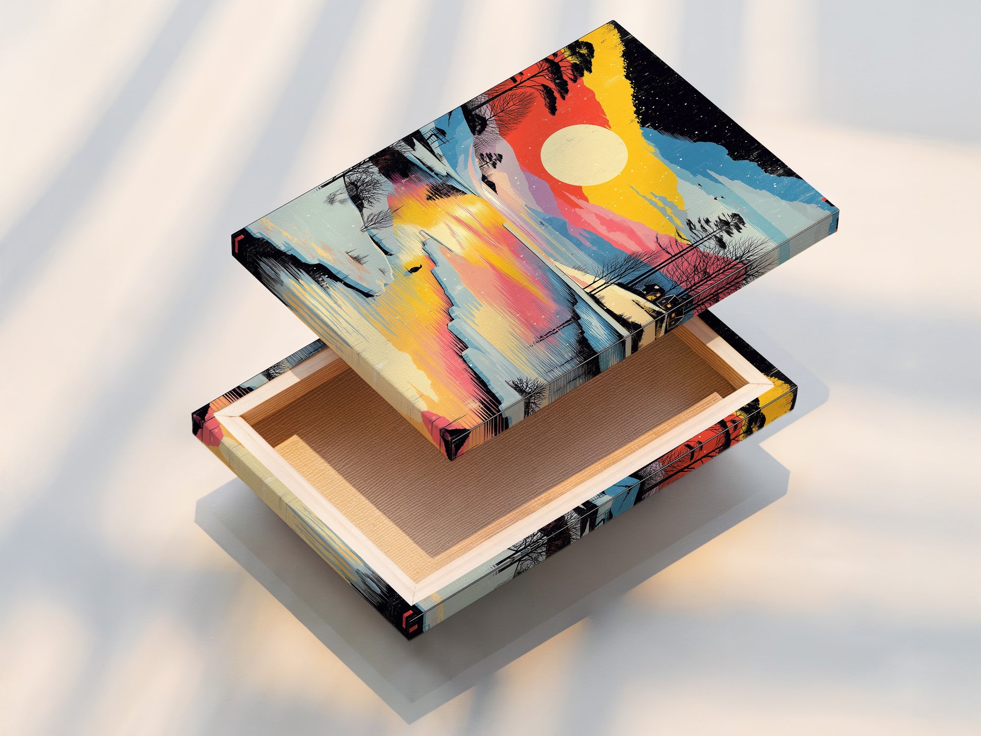 Stretched canvas print of the Winter Sunset Canvas Print. The artwork captures a colorful lake landscape. Snowy forest artwork provides a gallery feel. It's an excellent choice for home and office decor.