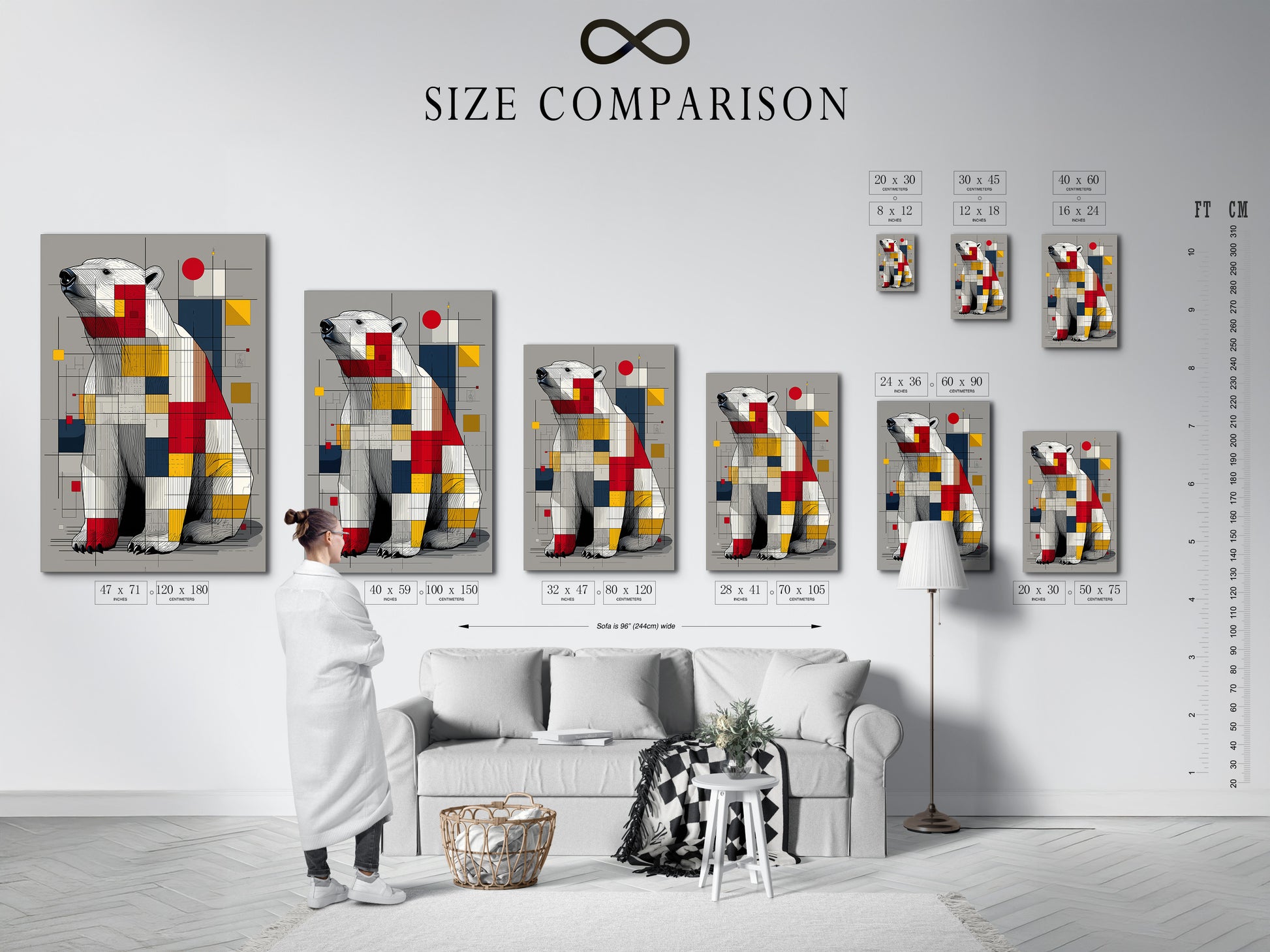 A size comparison chart displayed in an interior setting. The chart illustrates various artwork sizes. Viewers can visualize how each size will fit in their space. Helpful for making informed purchase decisions. Great piece of art for your home or office. Perfect addition to any room.