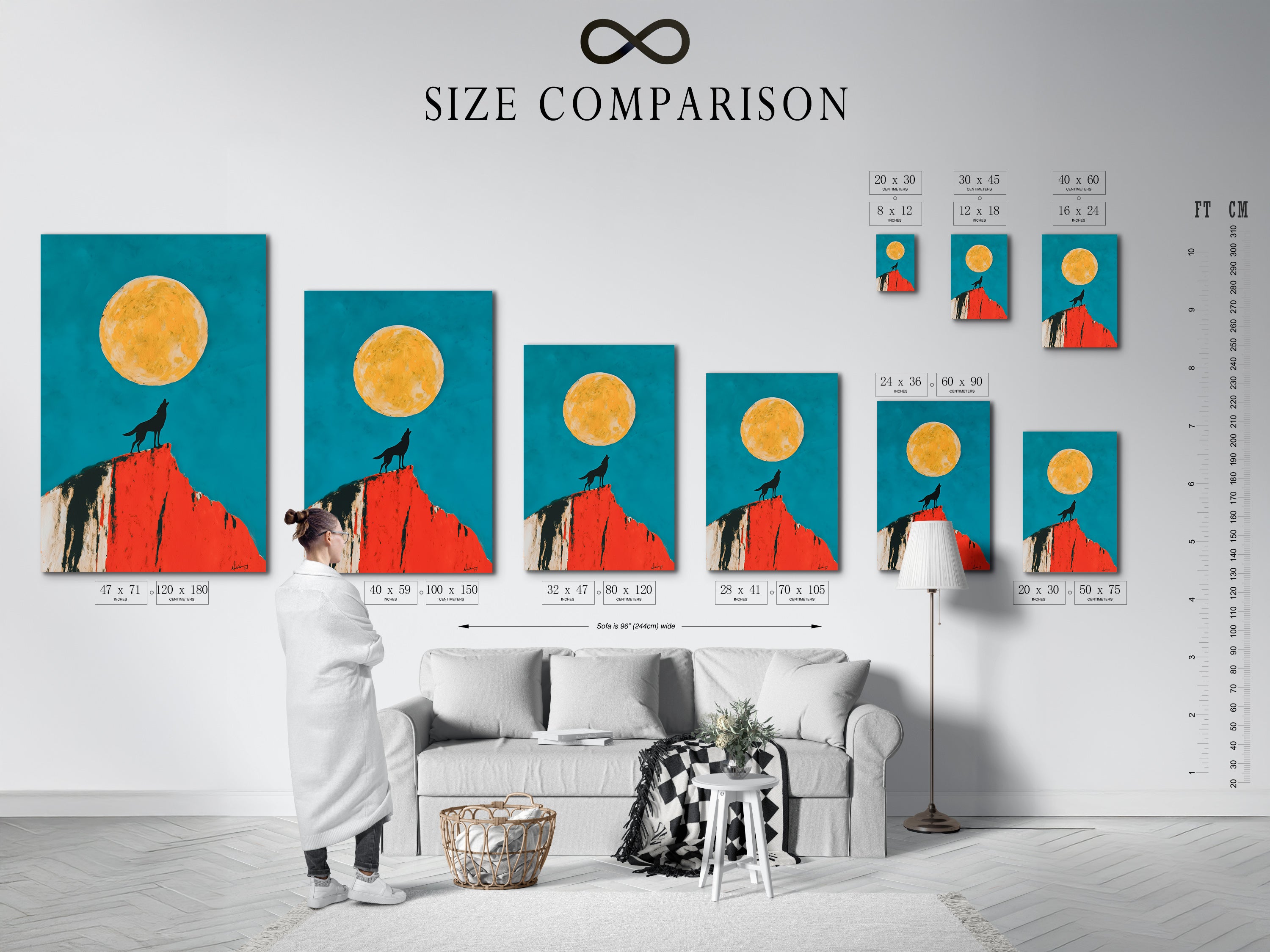 A size comparison chart is displayed in an interior setting. The Wolf Moon artwork is available in various sizes. This southwestern desert wall art fits any space. Choose the perfect dimensions for your home decor. Teal and orange colors enhance the visual appeal.