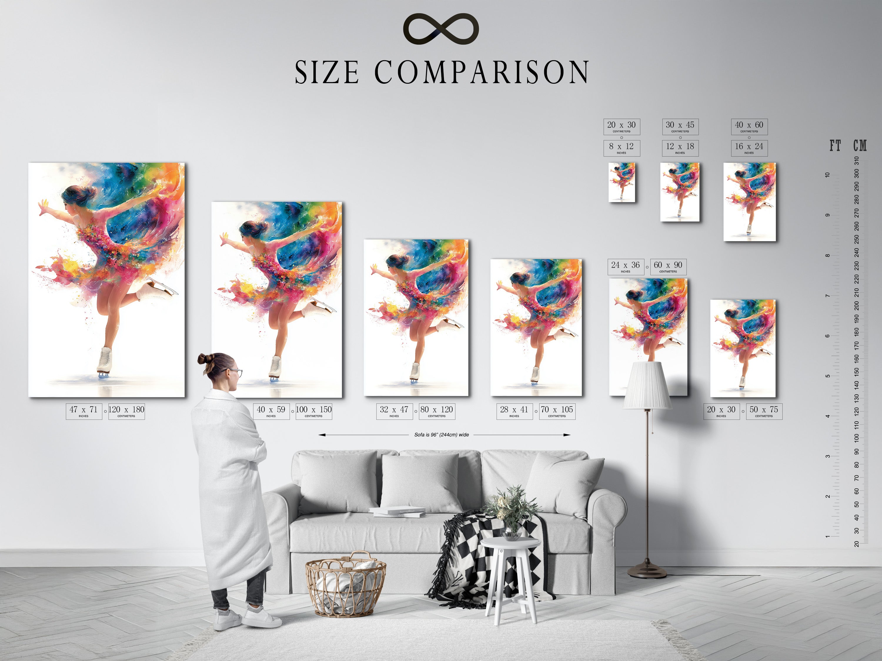 A size comparison chart is displayed in an interior setting. This allows customers to visualize the art in their space. The chart showcases available sizes for the dancing girl canvas art. Perfect for planning your dance room decor.