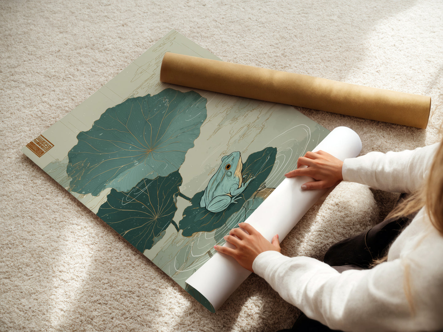 Woman carefully rolling a fine art poster paper. High-quality fine art paper ensures vibrant and lasting prints. Preserve your artwork with professional-grade materials. Discover the perfect paper for your art prints. Shop now for fine art poster paper and create stunning displays.