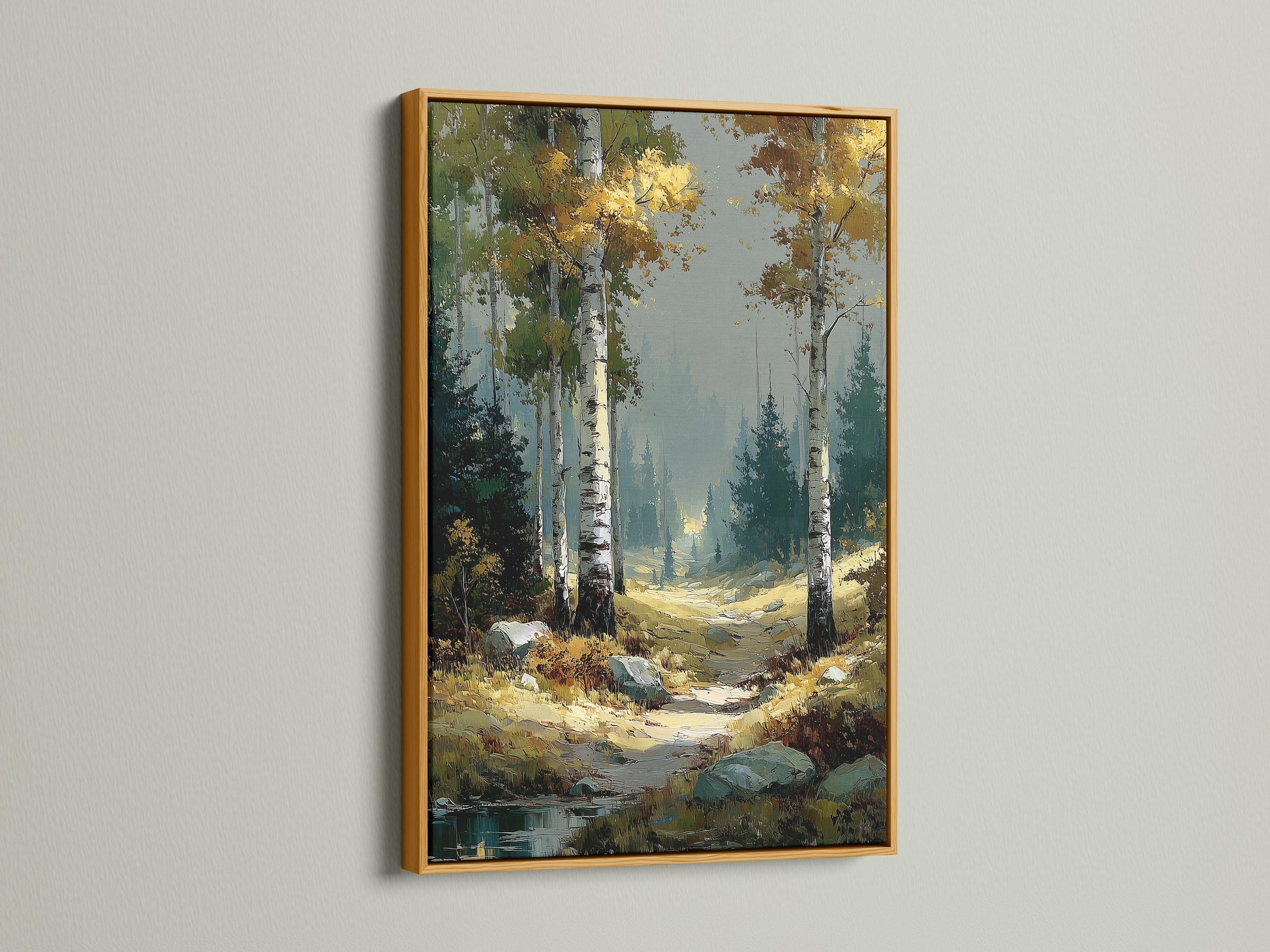 Birch Forest nature artwork with a gold frame. This autumn landscape brings warmth to your home. The birch trees and woodland decor create a cozy atmosphere. This forest wall art captures a serene nature trail. Enhance your space with this elegant landscape artwork. It is perfect for rustic decor.