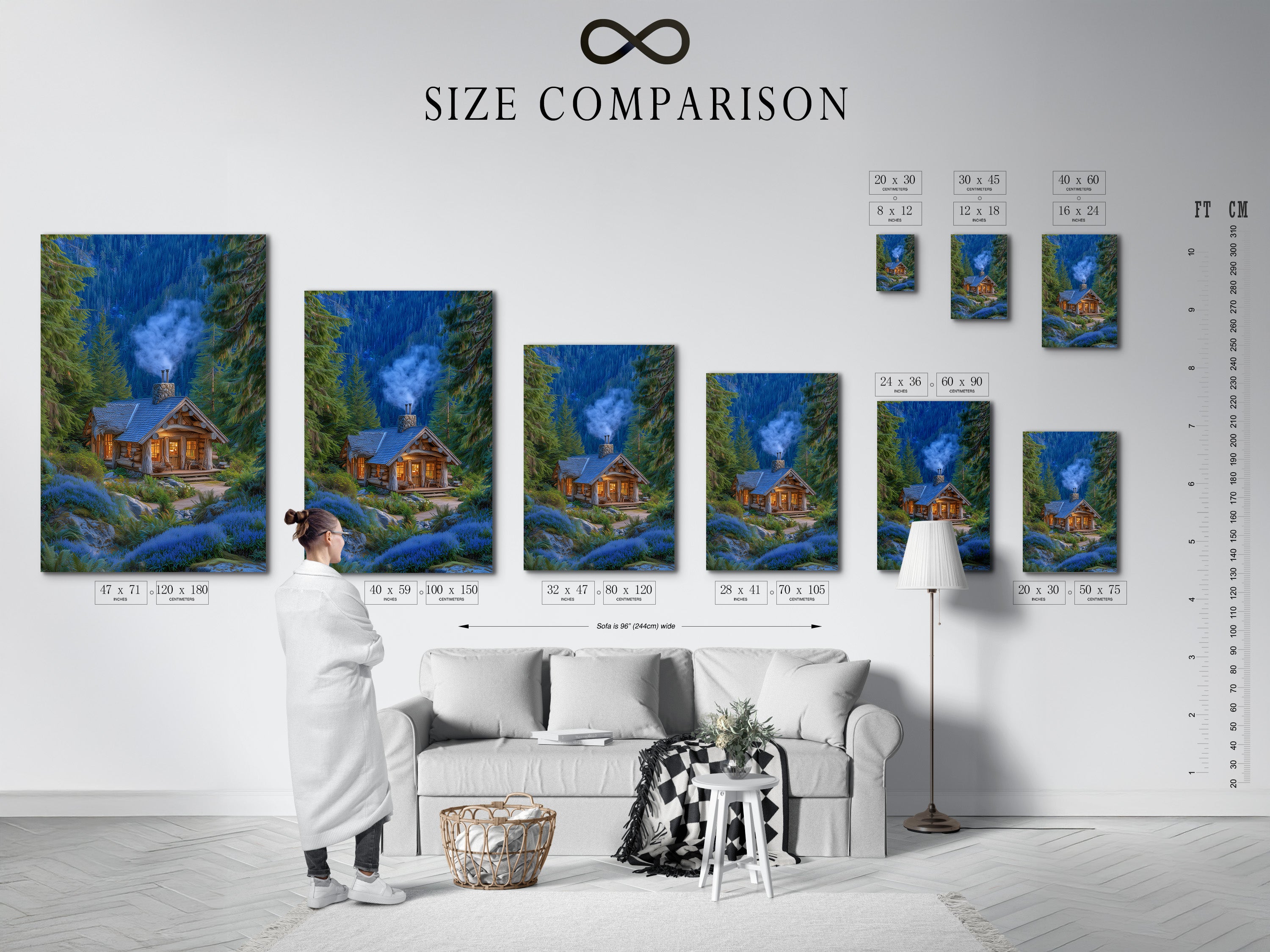 A size comparison chart is displayed in an interior setting. It showcases various dimensions available for the forest cabin artwork. Helping customers visualize the perfect fit for their space. Find the ideal size for your rustic wall decor today.