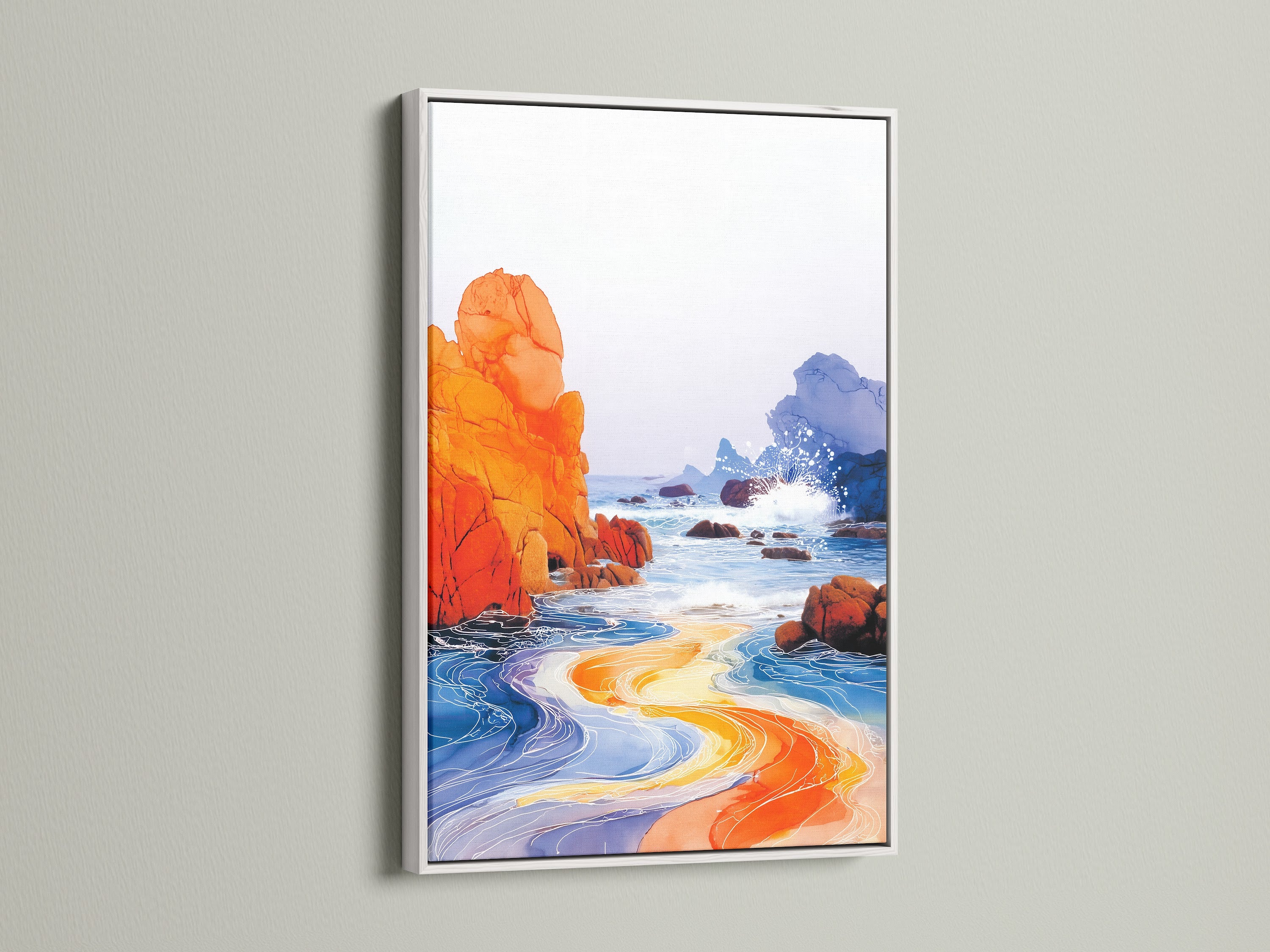 A white frame showcases a beautiful ocean canvas print. The modern beach landscape art features orange and blue colors. White frame is the perfect choice for minimalist and modern decor styles. Add a touch of the seaside to your living space.