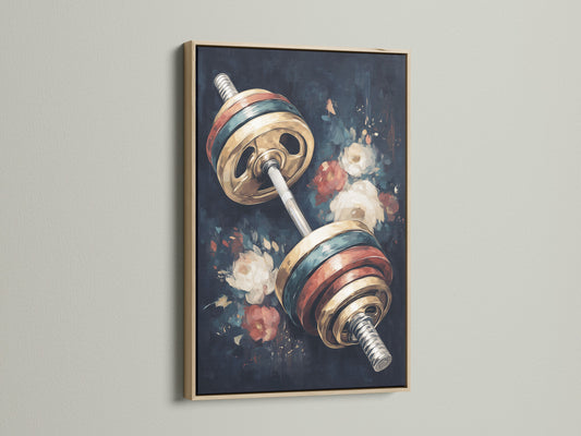 Vintage barbell art print with a light oak frame. This unique fitness wall art enhances any gym decor. The oak frame adds a touch of nature to your workout space.