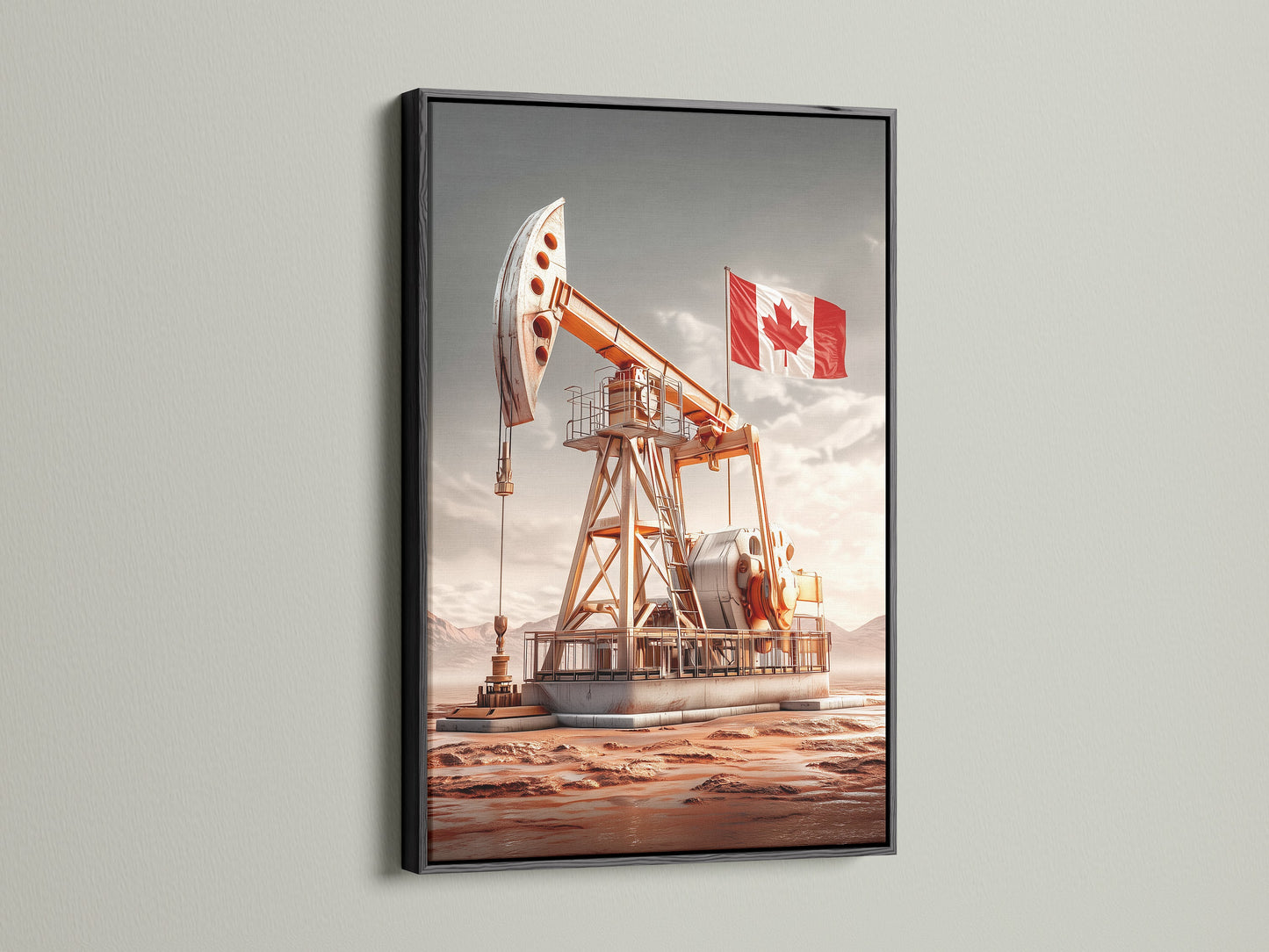 Oil Rig Art with Canadian Flag in a Black Frame. This striking contrast adds drama to your office wall art. The black frame makes the colors pop. A perfect piece of engineering art for any modern space.