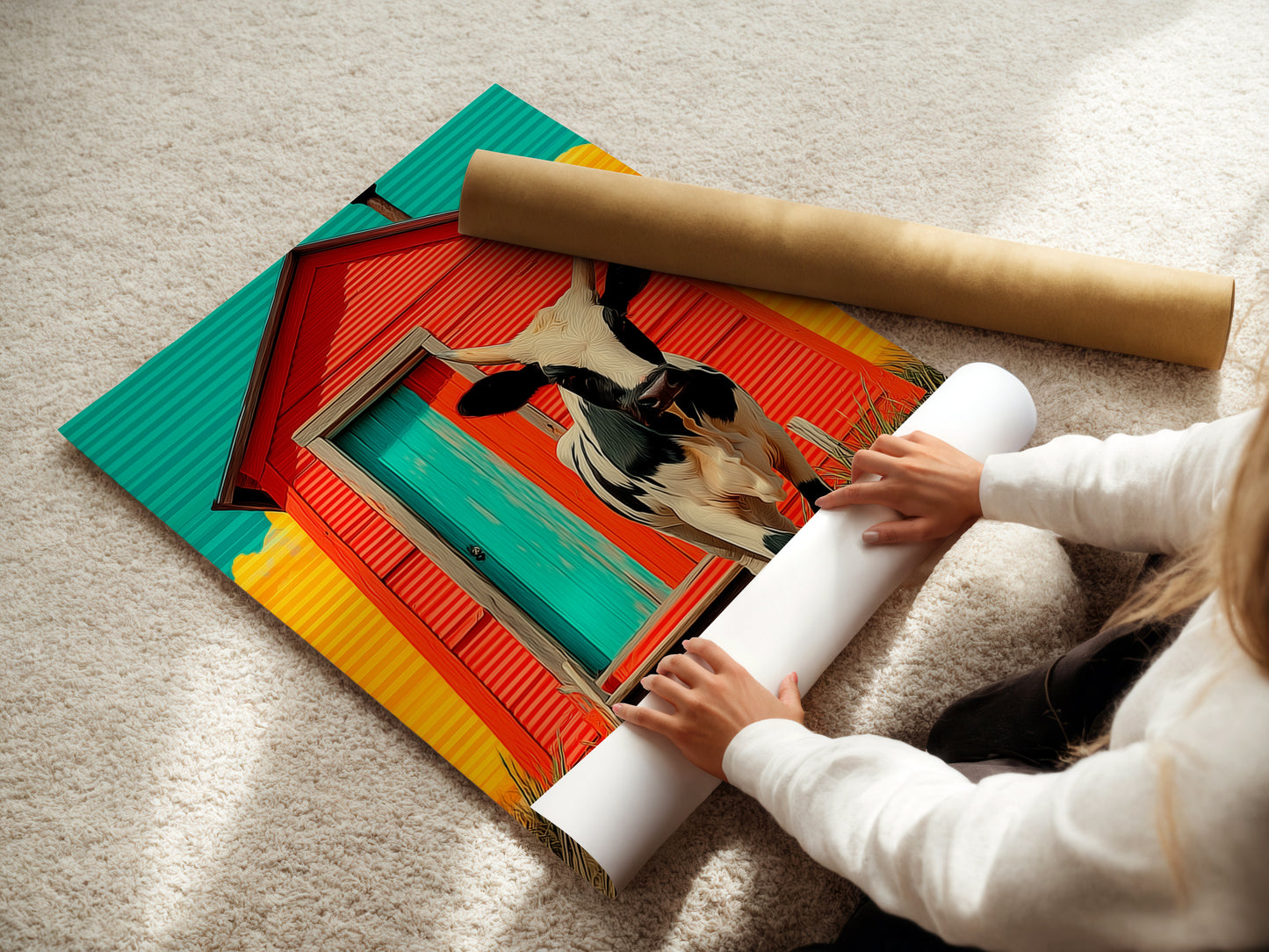 A woman carefully rolling a fine art poster paper print. The paper is high-quality. Get ready to display your new cow art. Perfect for farmhouse decor. This is a great way to add rural art to your home. The poster will look great framed.