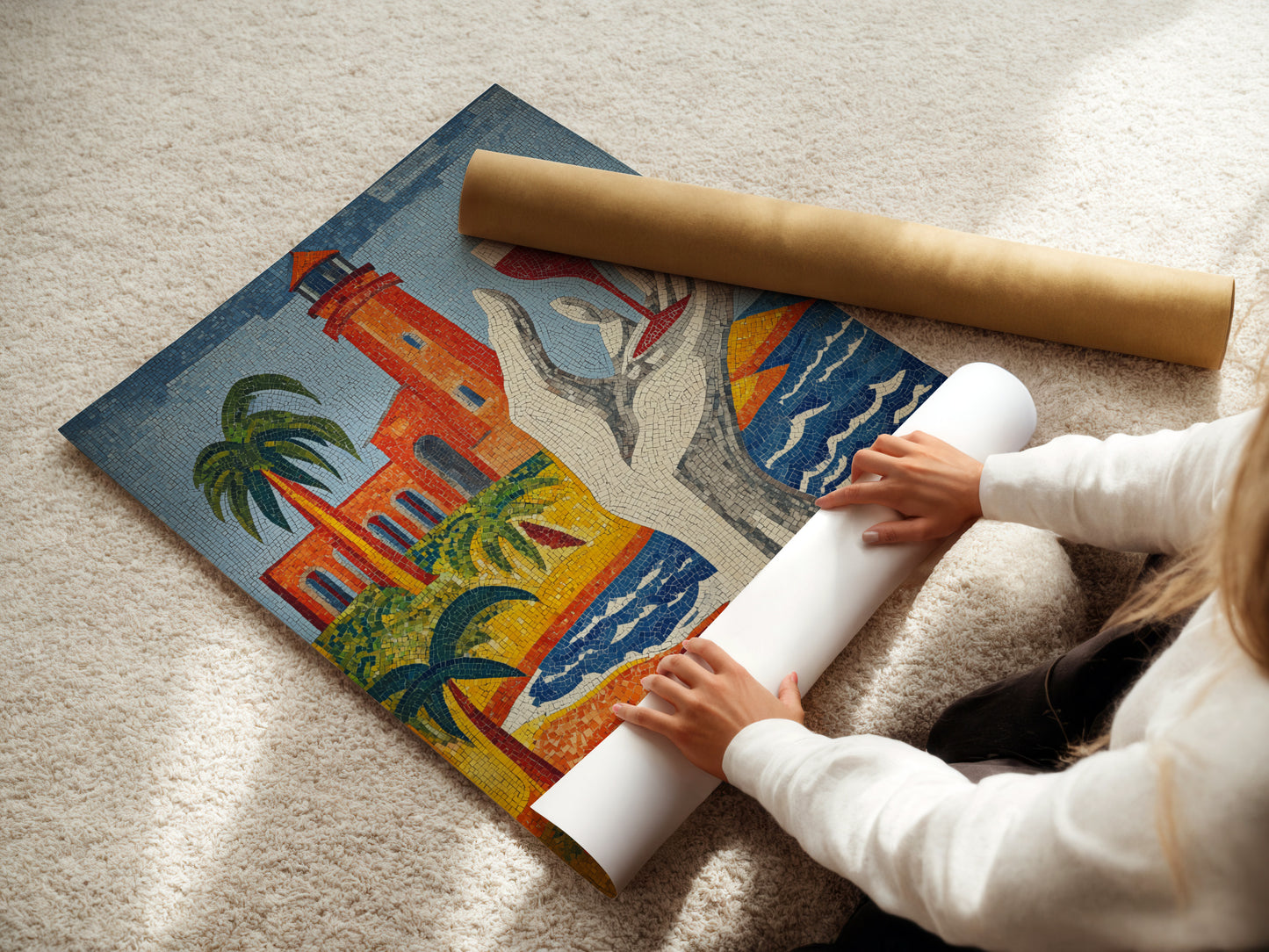 A woman carefully rolling a fine art poster paper print. The poster features a lighthouse mosaic art. This coastal wall decor is a Mediterranean gem. The tile art is perfect for beach house decor. It offers nautical charm.