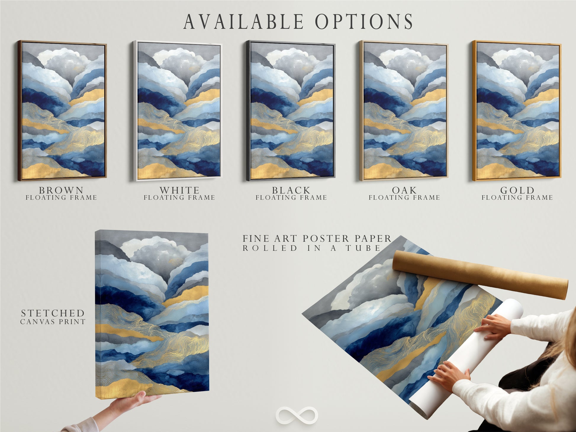Available options include stretched canvas print fine art poster paper and floating frame. Abstract mountain artwork in blue and gold. Modern nature print for any room. Customize your contemporary art today.