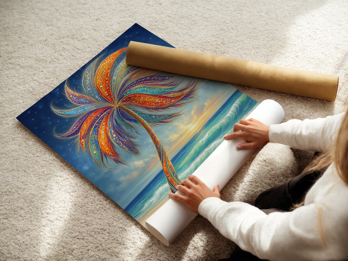 A woman is carefully rolling a fine art poster paper print. The print features a colorful tropical palm tree artwork. This allows for safe and easy handling. Ensuring the artwork arrives in perfect condition. Ready to be framed.