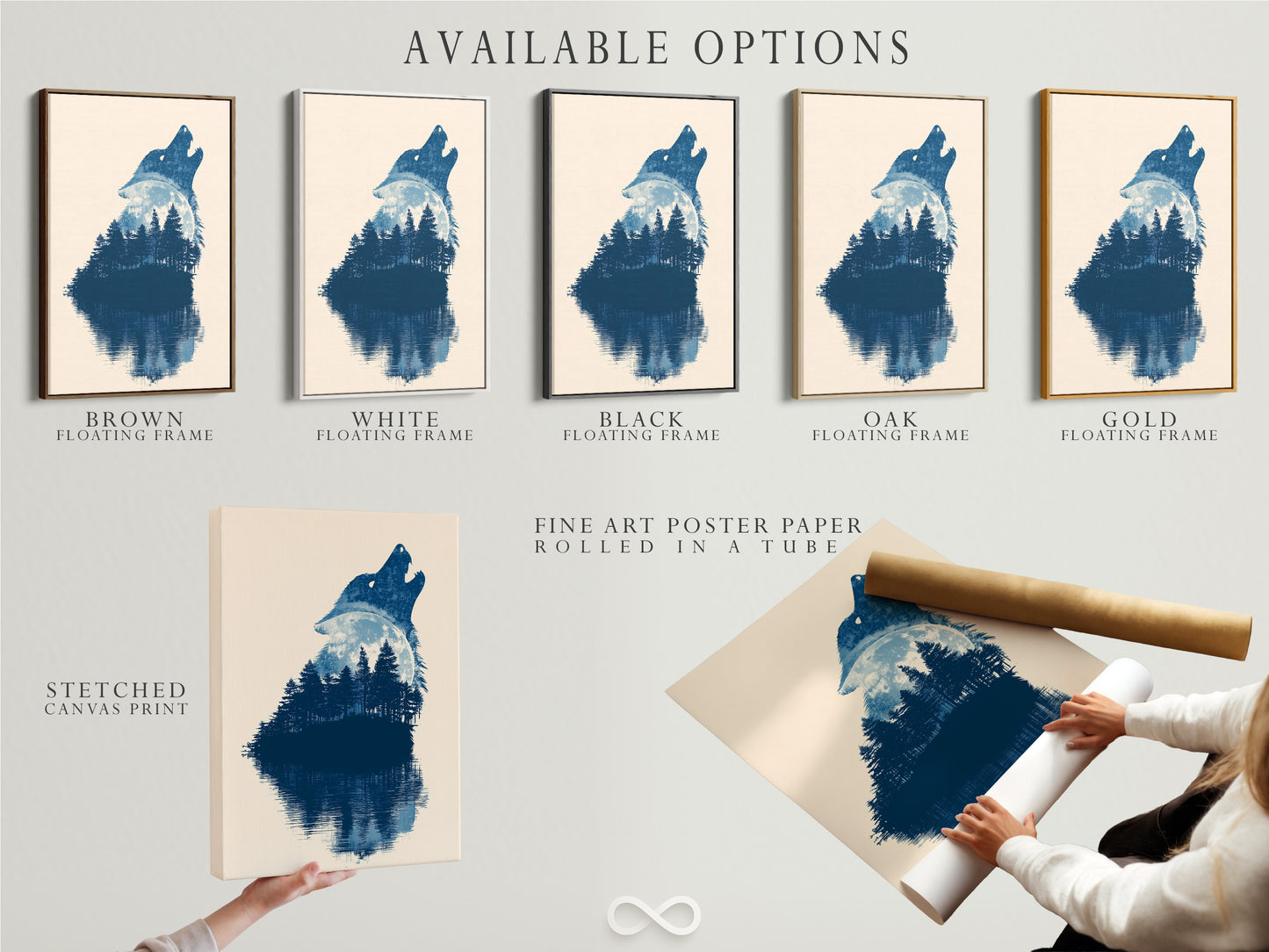 Available options are showcased. They include a stretched canvas print. Fine art poster paper is also an option. A floating frame completes the selection. Choose the perfect format to display your art. Each option offers a unique aesthetic. Find the ideal presentation for your artwork. Explore our range of art display choices.