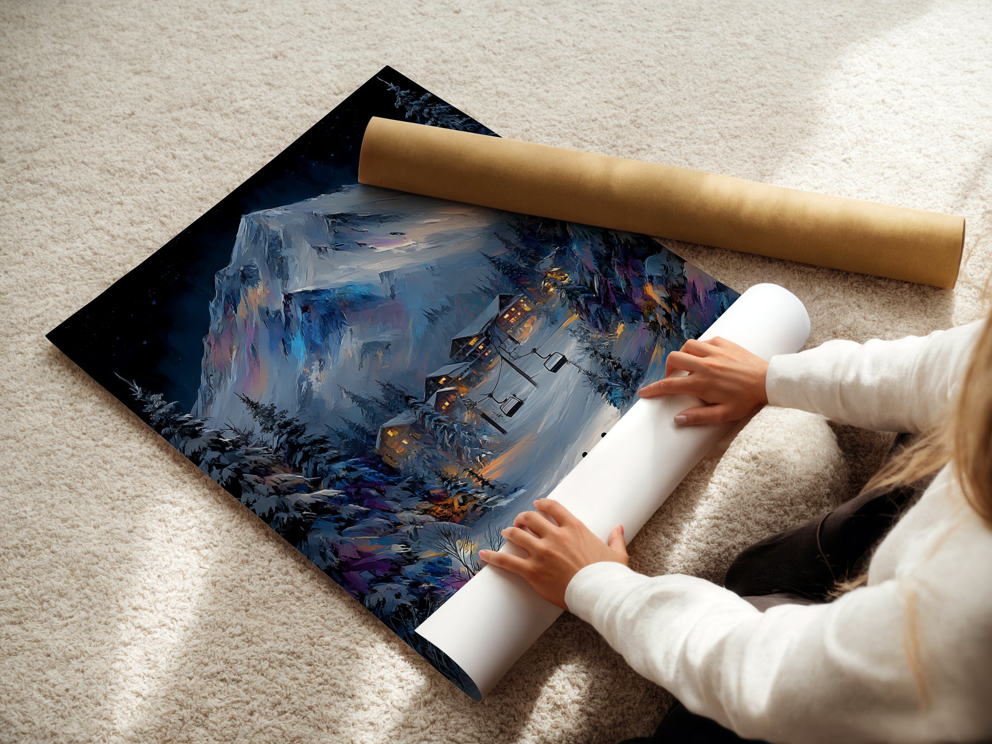 A woman rolls a fine art poster paper. This showcases the quality and care. Perfect for creating winter mountain artwork. Ideal for ski resort prints and snowy cabin decor. Experience the beauty of alpine landscapes with our fine art posters.