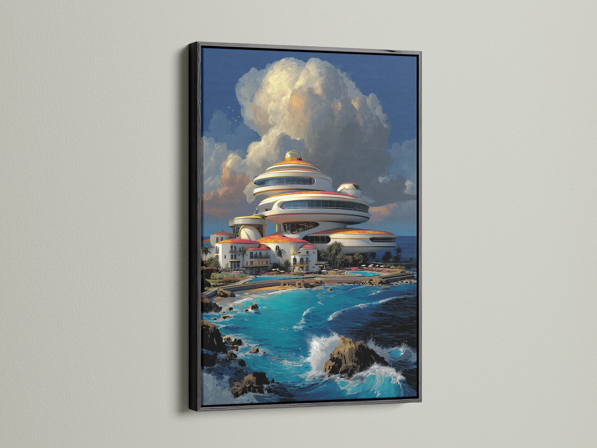 Futuristic Architecture art displayed in a black frame. This modern canvas art brings a sci-fi touch to any room. It's an excellent piece for contemporary art lovers. Consider this for your office wall decor or as a unique addition to your home.
