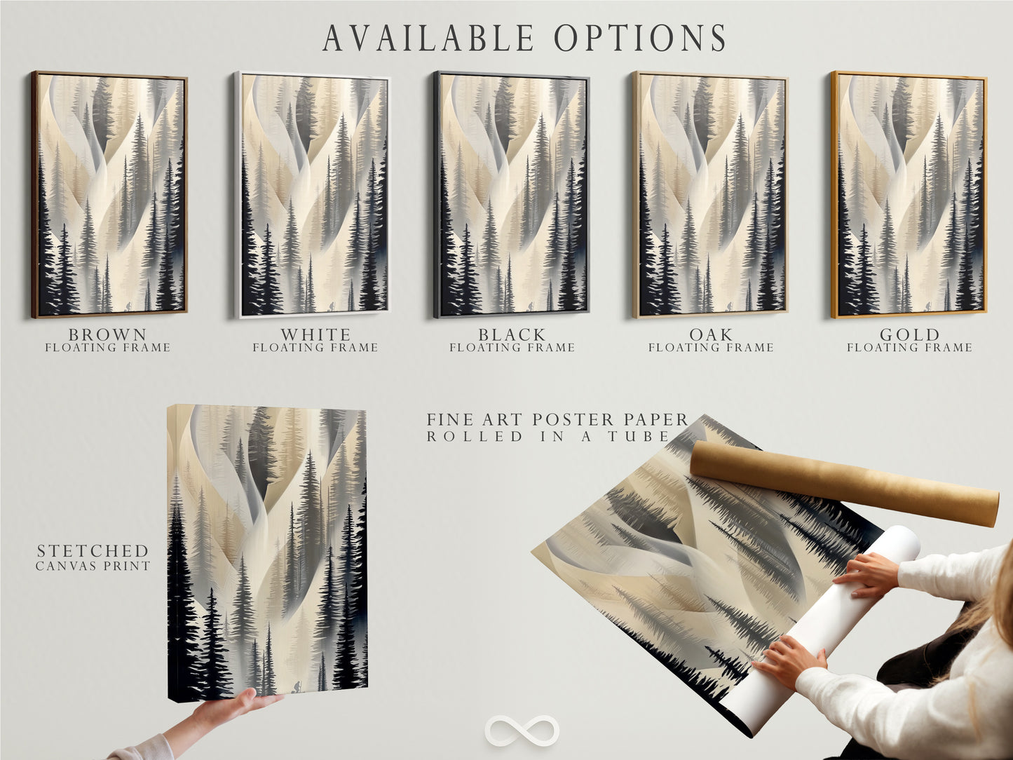 Available options for the abstract pine tree artwork are displayed. Choose from a stretched canvas print fine art poster paper or floating frame. Each option enhances the neutral color artwork. Find the perfect match for your style. The forest canvas print is versatile for any space. Elevate your hallway wall decor with these options.