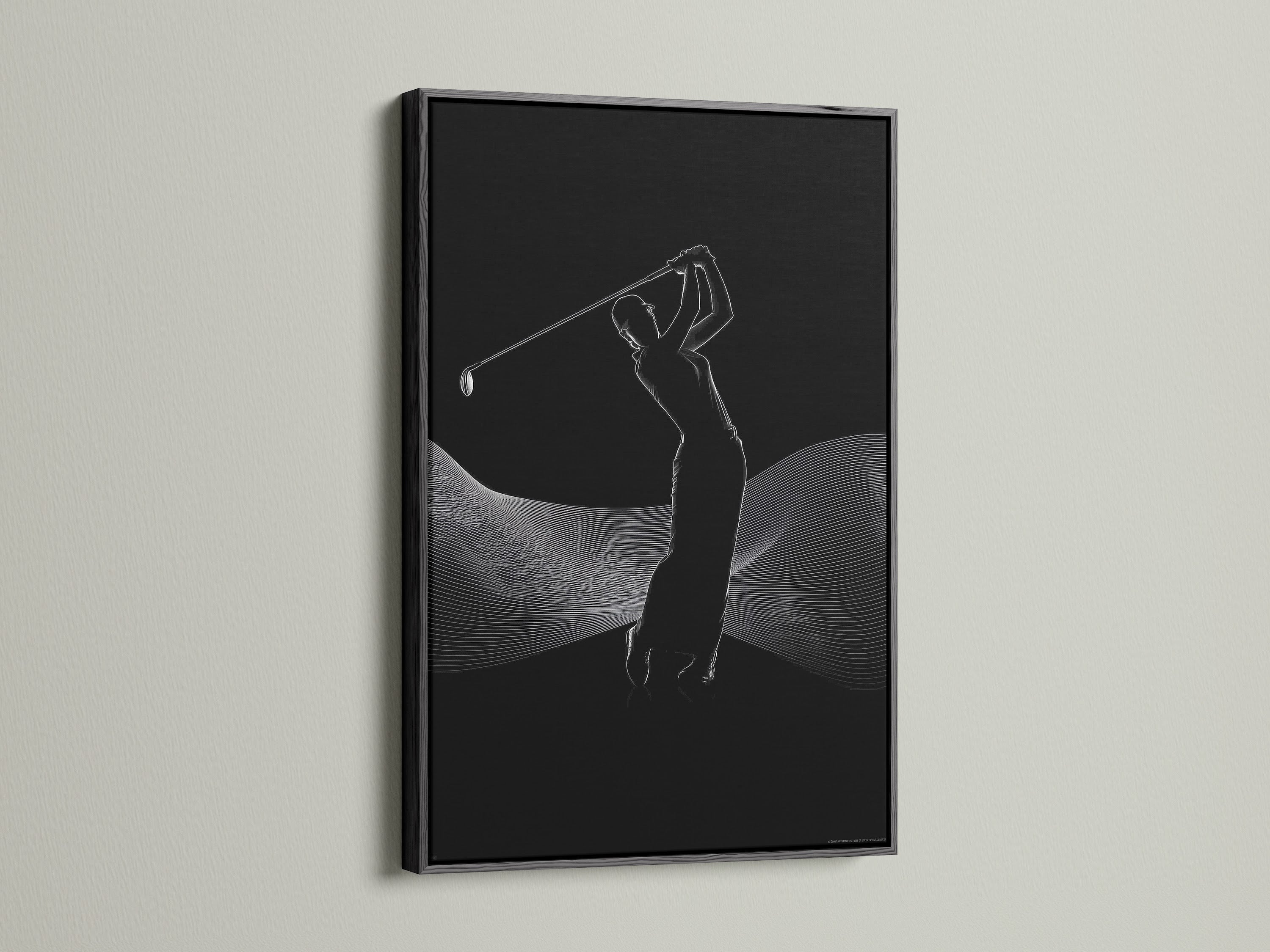 A striking black frame encases this golfer silhouette art print. The black and white golf art adds a touch of sophistication to any room. This sports canvas print is perfect for modern sports decor in an office or home.