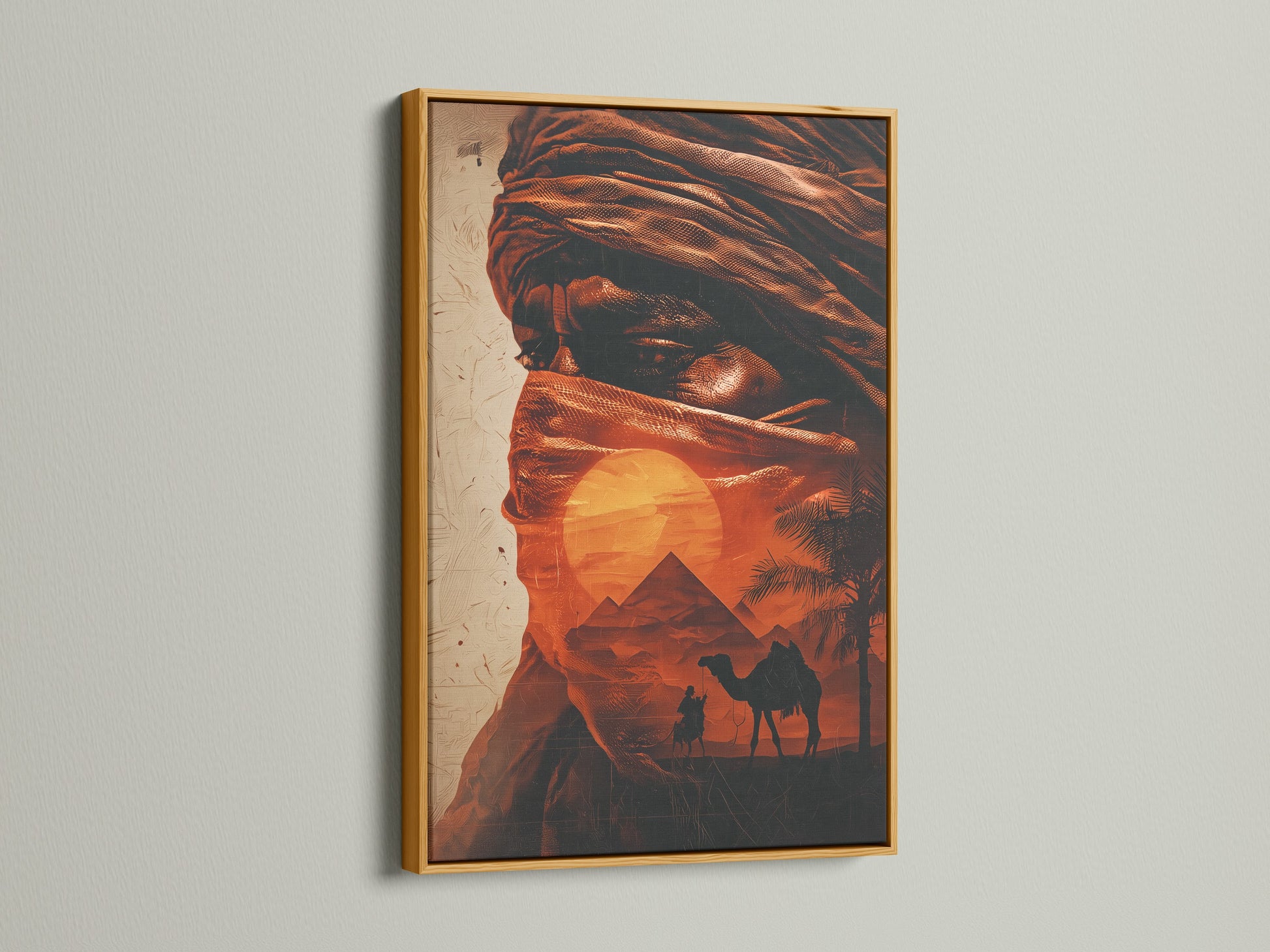 A luxurious gold frame elevates this desert Bedouin artwork. The metallic accents add a touch of opulence. This Middle East art brings sophistication to any room. Sahara prints and Arabic wall art create a global vibe. Perfect for homeowners renters and interior designers. The sunset canvas adds warmth.