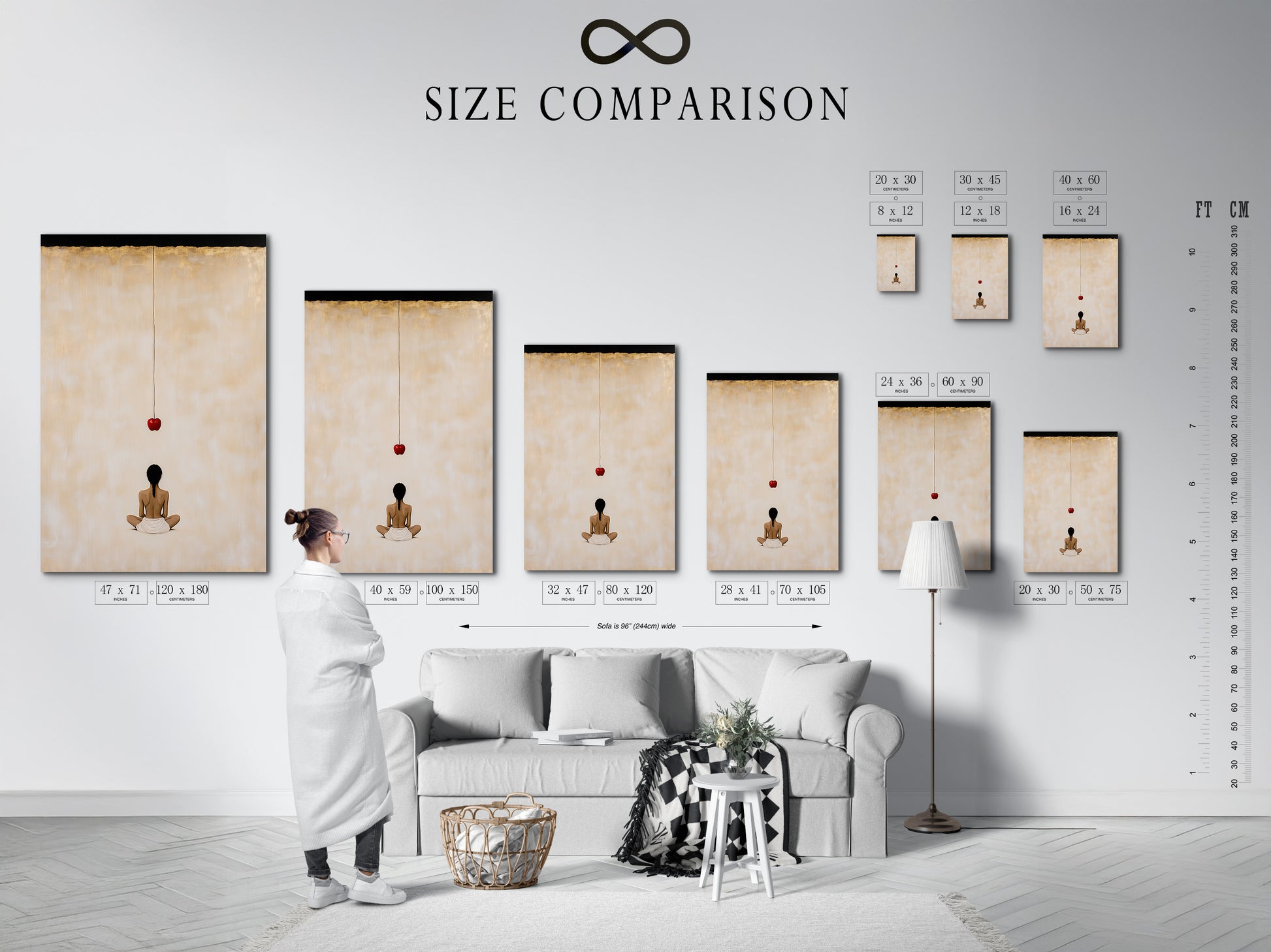Size comparison chart displayed in a modern interior. Visualize the perfect fit for your space. Choose the ideal size for your minimalist meditation art print. Enhance your spiritual decor with zen artwork.