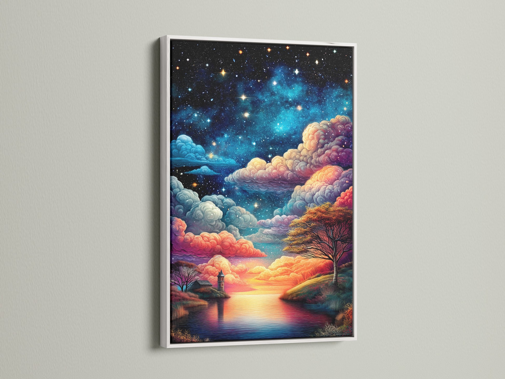Starry Night artwork in a white frame. This art brings celestial beauty to your walls. The lake landscape adds a serene touch. A perfect night sky print for your bedroom wall. The artwork enhances home office wall art