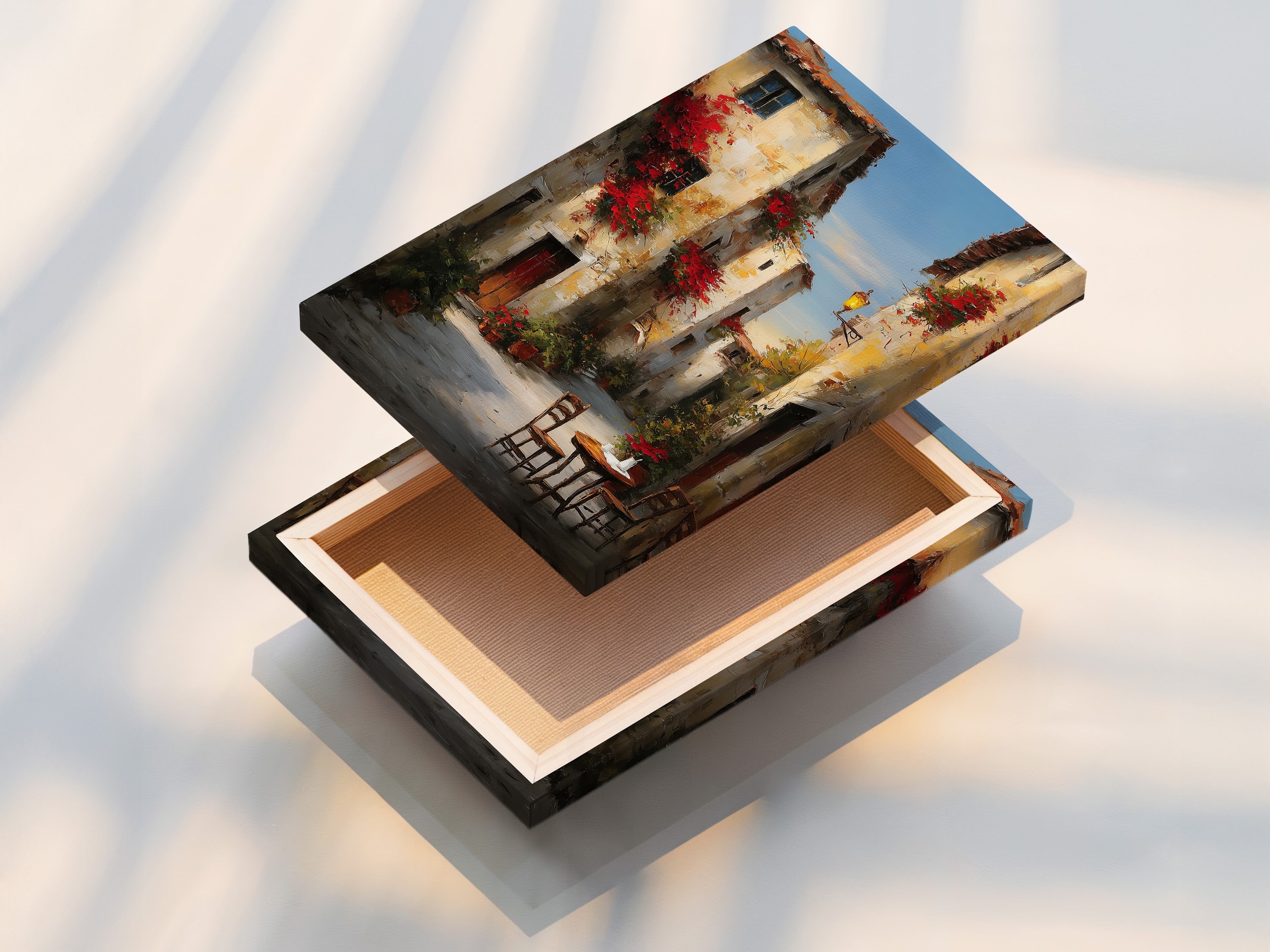 Stretched canvas print of a captivating artwork. The artwork is a picturesque street scene. The stretched canvas provides a gallery ready look. Adds depth and texture to the artwork. Perfect for home or office decor. Experience art in a new dimension.