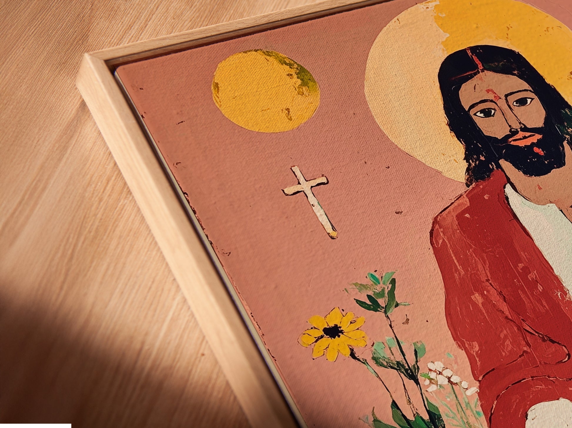 Close up of a canvas print in a floating frame. The folk art print depicts Jesus Christ with two children. This Christian canvas art is perfect for nursery and kids' room decor. Enhance your space with this religious wall art.
