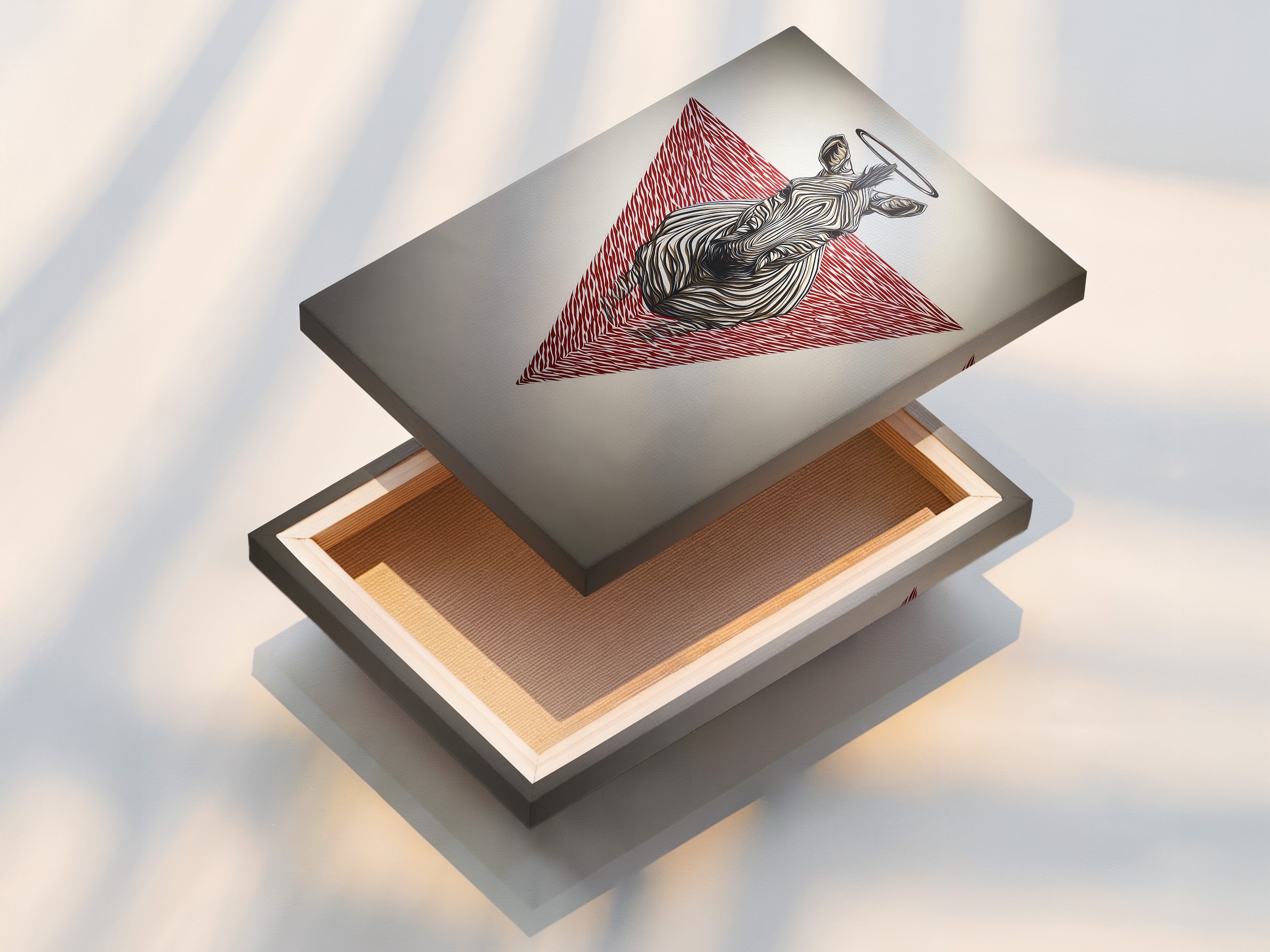 A stretched canvas print of zebra sacred geometry art. This ready-to-hang modern animal art is perfect for any space. The red triangle canvas print adds a contemporary touch. Enhance your living room bedroom or office with this wildlife decor.