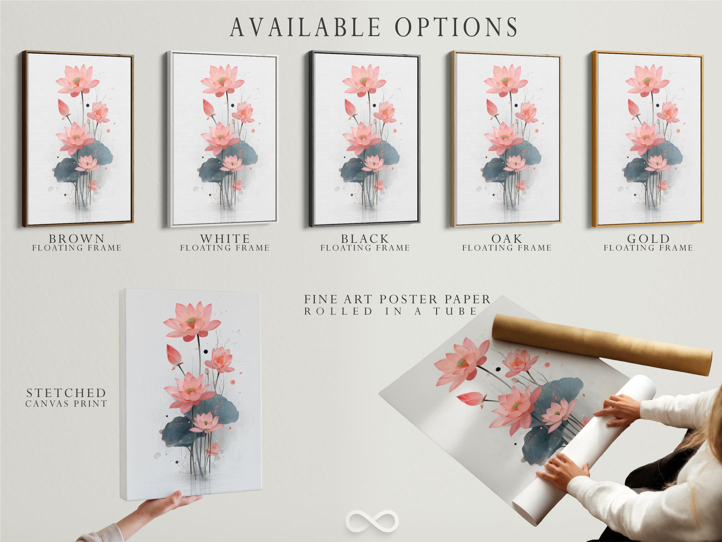 Explore available options for your lotus flower artwork. Choose from a stretched canvas print fine art poster paper or a floating frame. Customize your floral canvas to match your style. Perfect for creating personalized bedroom art. Find the ideal botanical print for your modern decor.