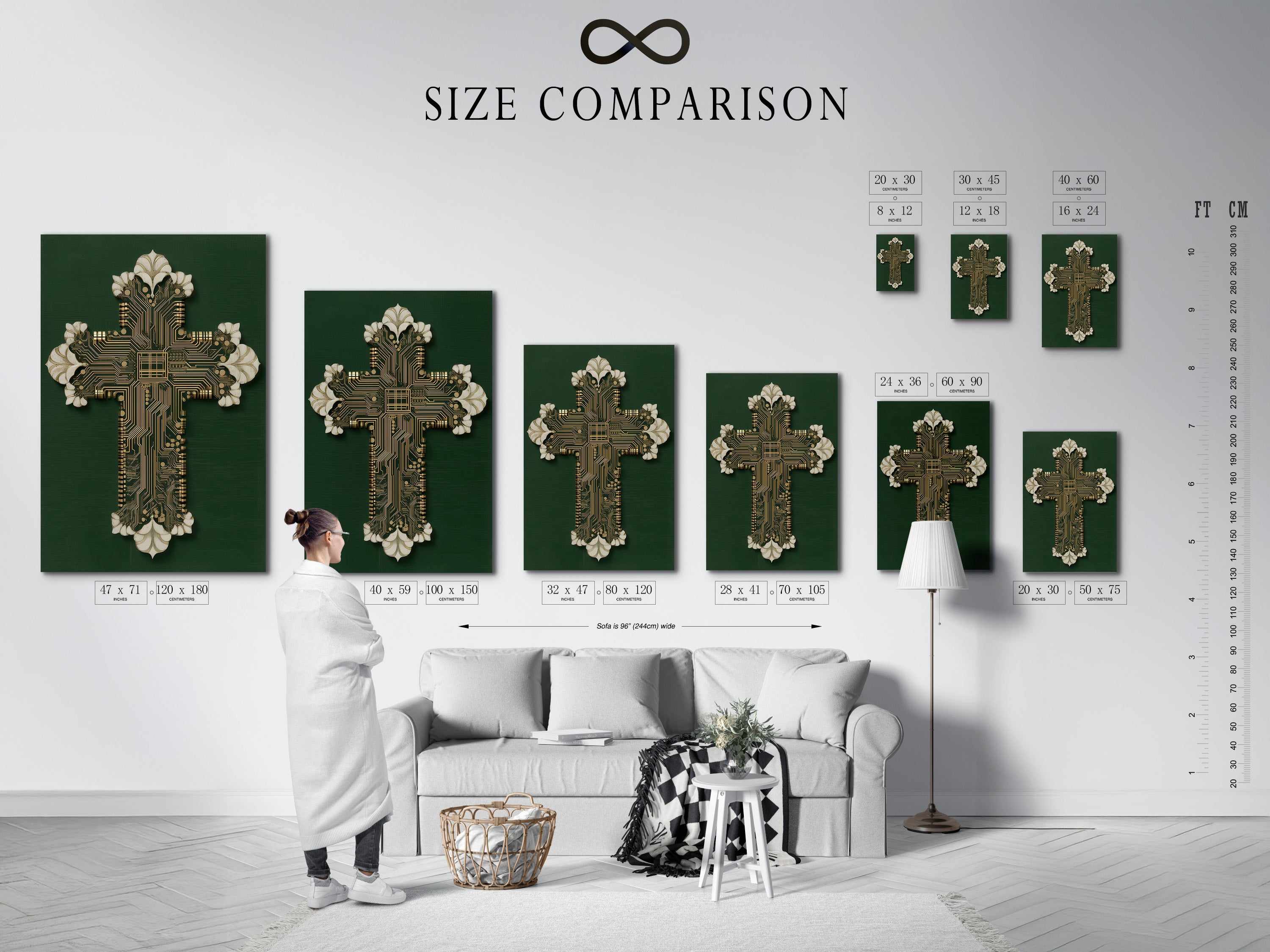 A size comparison chart shows the Circuit Board Cross Art in an interior setting. Visualize the perfect fit for your space. Available in various sizes to suit your needs. Transform your study or office with christian decor.
