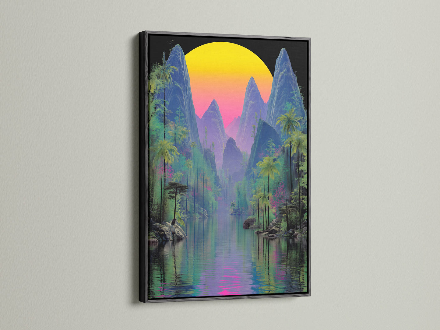 A striking black frame highlights this tropical mountain artwork. The artwork features a cyberpunk nature scene with a retro wave aesthetic. The colorful sunset and palm tree art make it a perfect addition to any room. Ideal summer wall art.