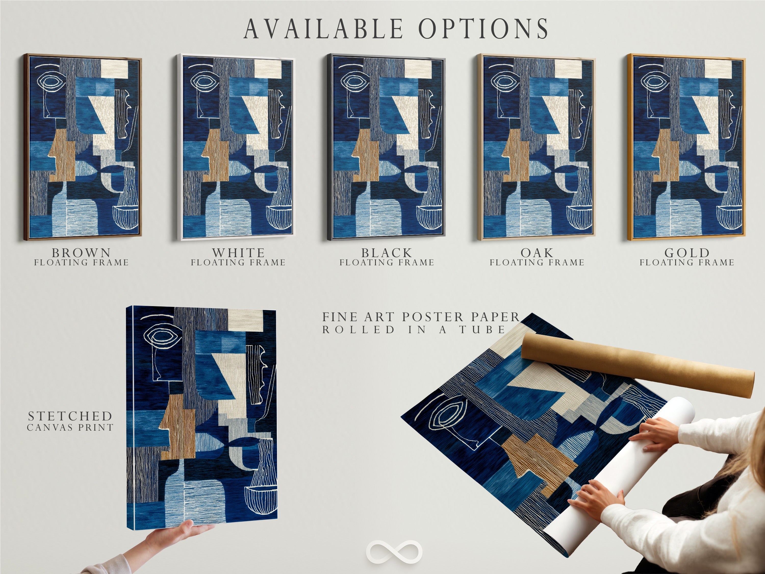 Explore available options for our abstract blue artwork. Choose from a stretched canvas print fine art poster paper or a floating frame. The modern geometric artwork is perfect for any space. Customize your art to fit your unique style today!