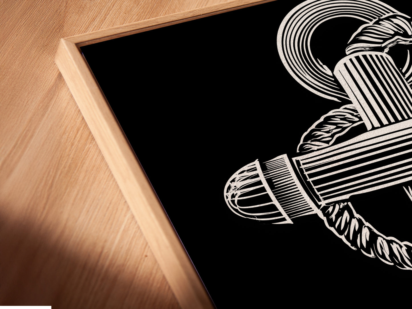 A close-up angled view of a canvas print in a floating frame. The floating frame gives the artwork a modern and sophisticated look. See the detail and quality of our canvas prints. Perfect for showcasing artwork in a unique way. Explore our floating frame options today. Add a touch of elegance to your space