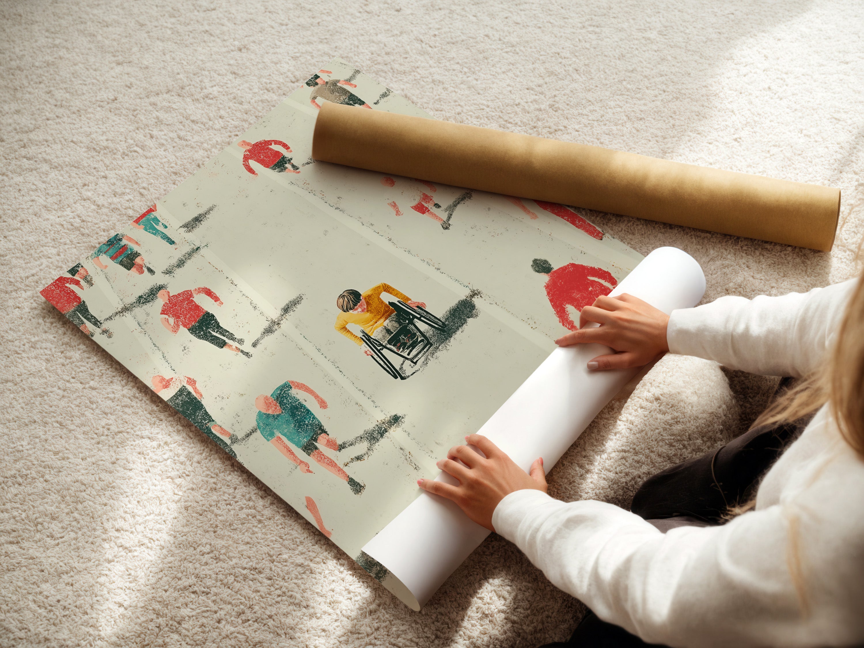 A woman is carefully rolling a fine art poster paper. The paper showcases the Marathon Runners artwork. The artwork is being prepared for framing or display. This highlights the care taken in producing high-quality art prints. Perfect for sports decor and fitness motivation.
