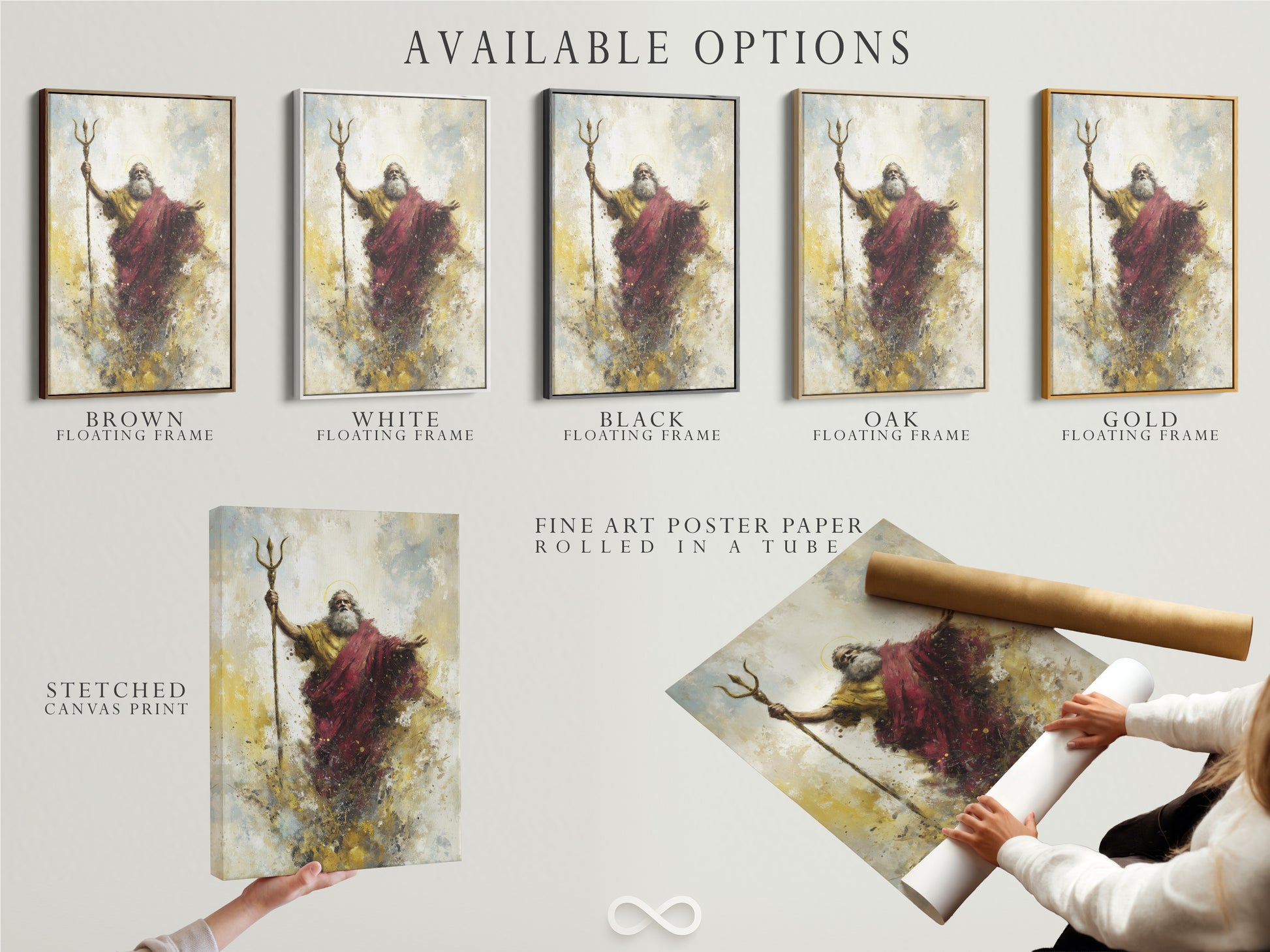 Available options include a stretched canvas print fine art poster paper and floating frame. Choose the best option for your artwork. Discover versatile display choices. The options cater to various art styles and preferences.