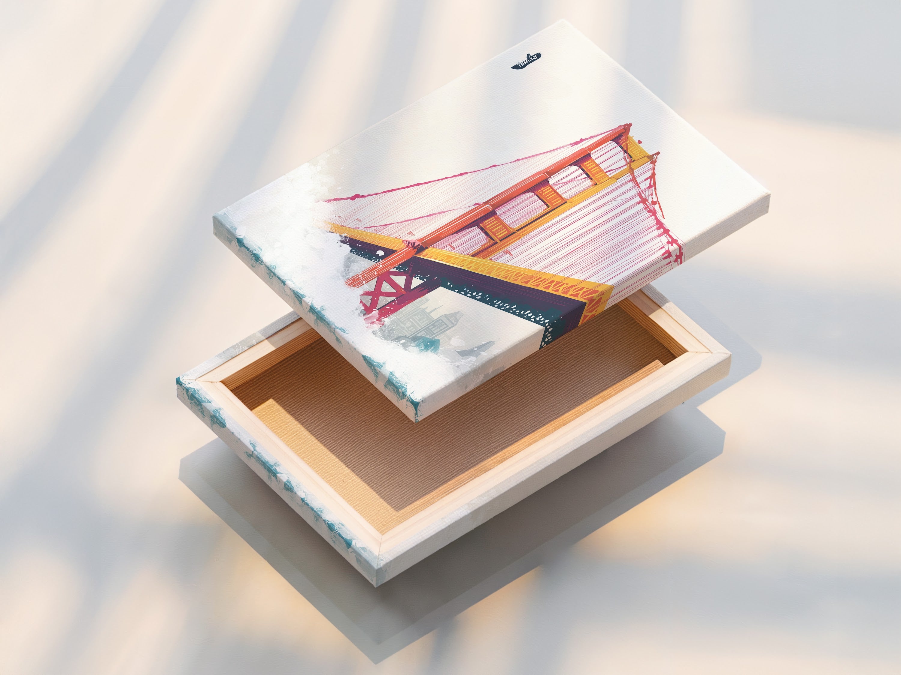 A stretched canvas print is ready to hang. The canvas texture adds depth to the Golden Gate Bridge art. This San Francisco artwork looks stunning as a stretched canvas print. Transform your living room with this piece.