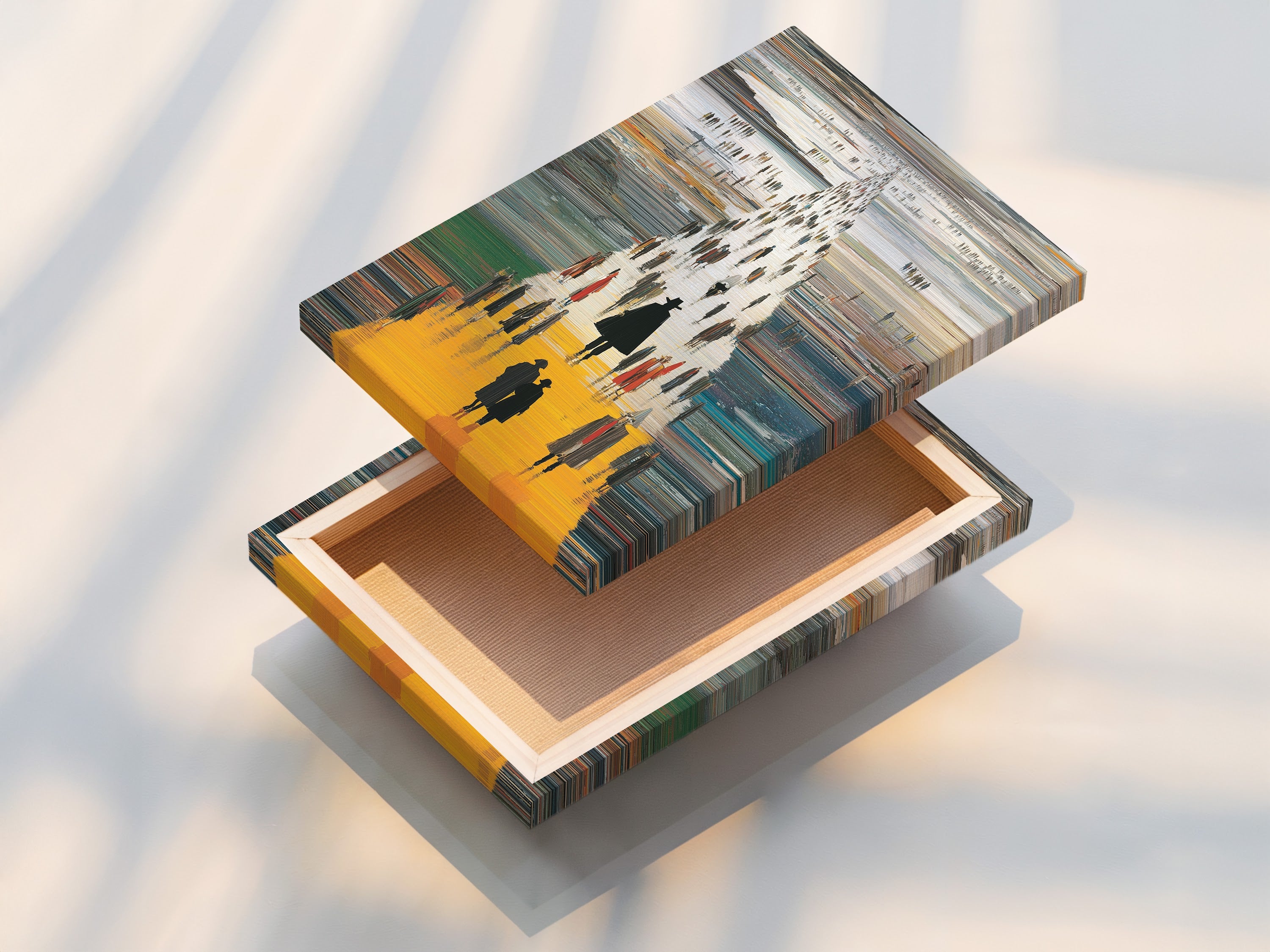 A stretched canvas print displays the abstract figures artwork. This modern canvas print is ready to hang. The contemporary yellow orange print adds color to your walls. Perfect for living rooms and office wall decor now.