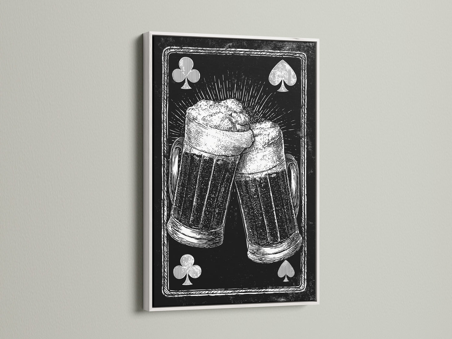 Framed artwork featuring a playing card beer mug art print. The artwork is framed in a white frame. The white frame offers a clean modern look. It will brighten up any room. A perfect gift for a beer lover.