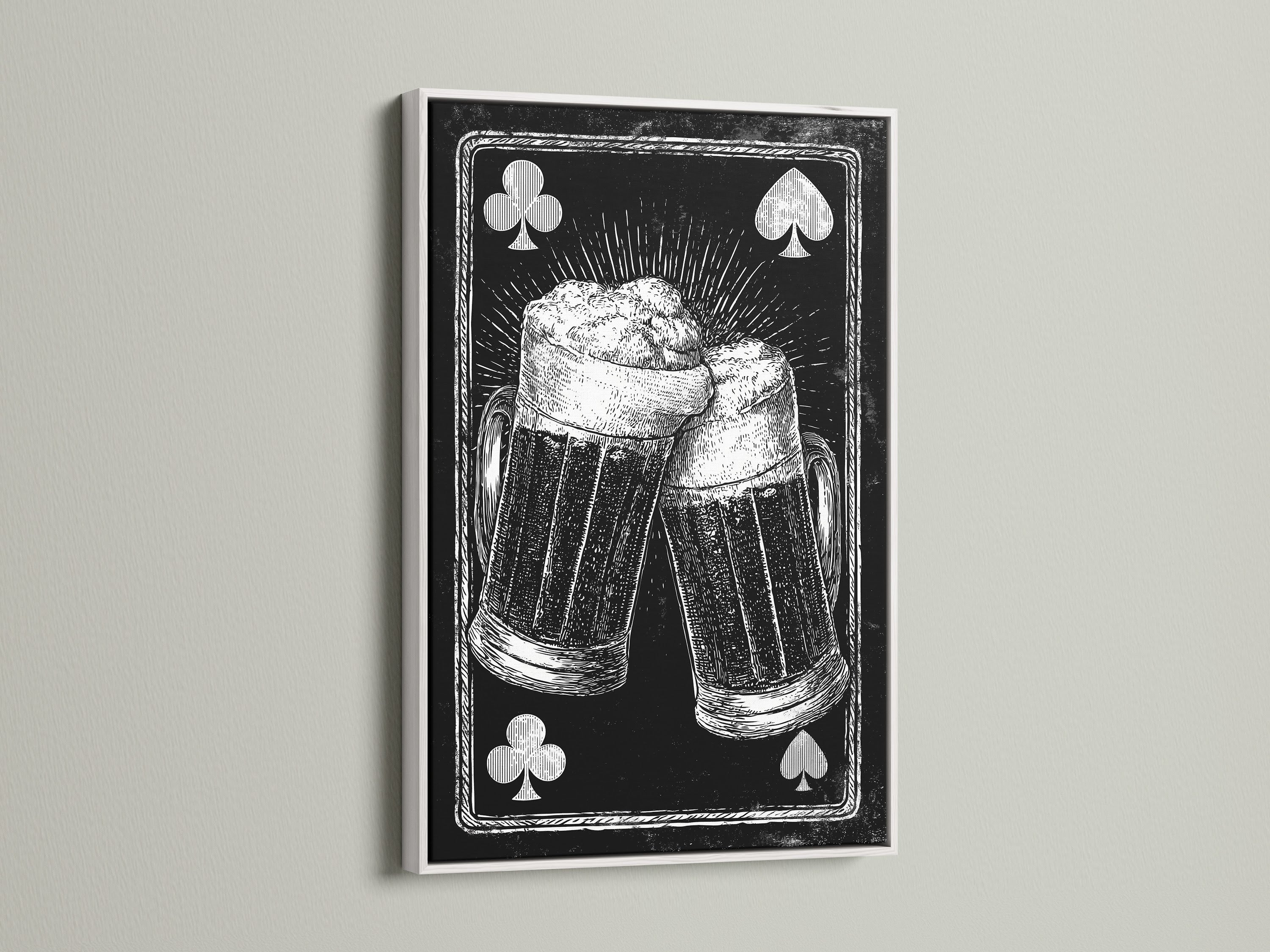 Framed artwork featuring a playing card beer mug art print. The artwork is framed in a white frame. The white frame offers a clean modern look. It will brighten up any room. A perfect gift for a beer lover.