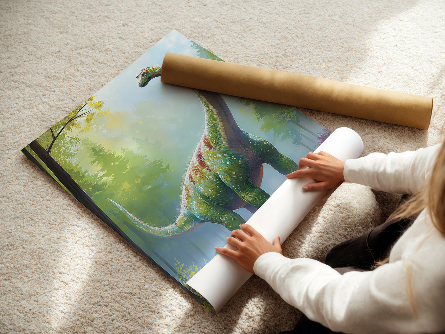 A woman carefully rolls a fine art poster paper. The poster paper is of high quality. It ensures the artwork's colors and details are vibrant. Find the perfect art poster paper for your prints now
