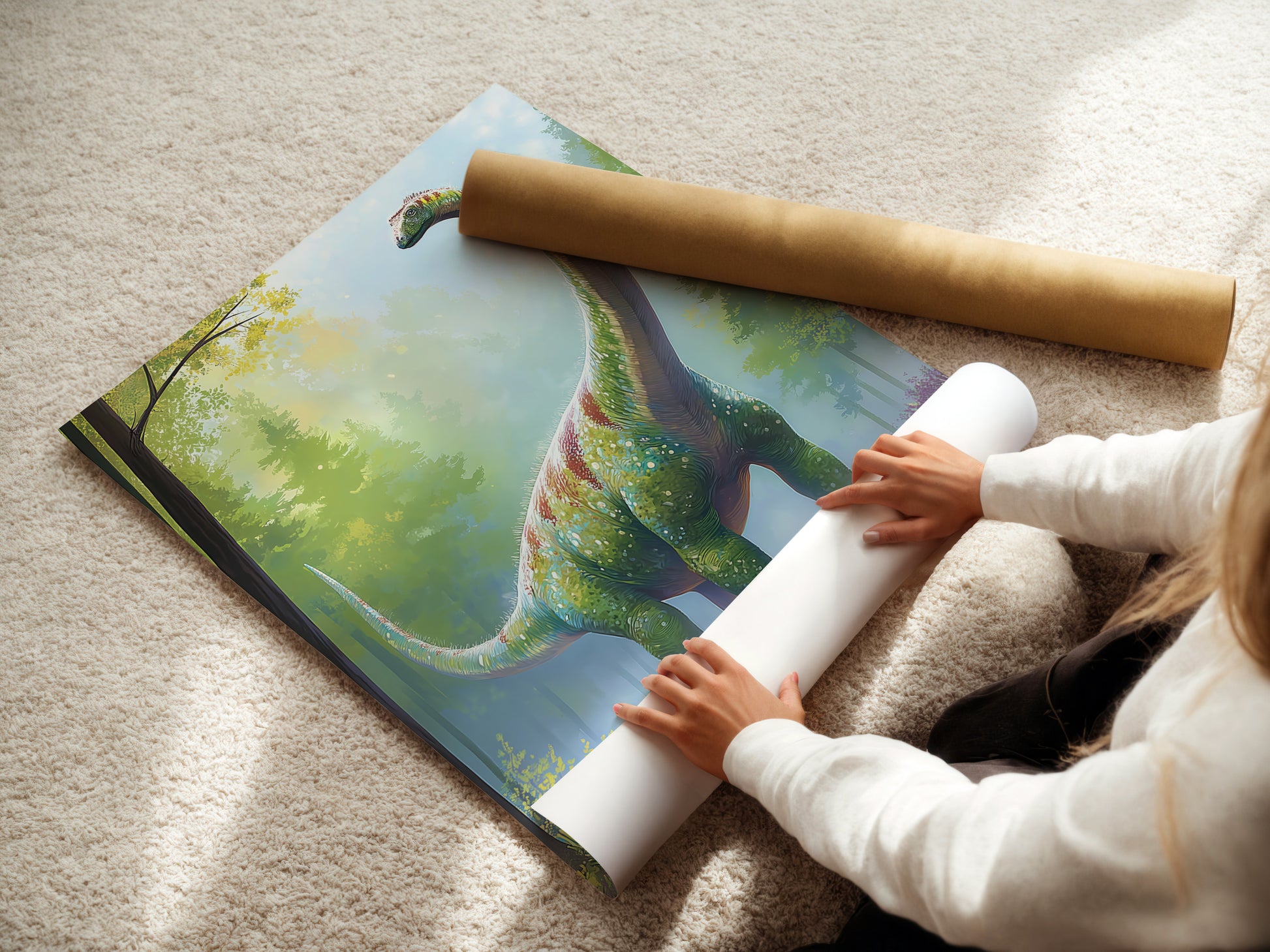 A woman carefully rolls a fine art poster paper. The poster paper is of high quality. It ensures the artwork's colors and details are vibrant. Find the perfect art poster paper for your prints now