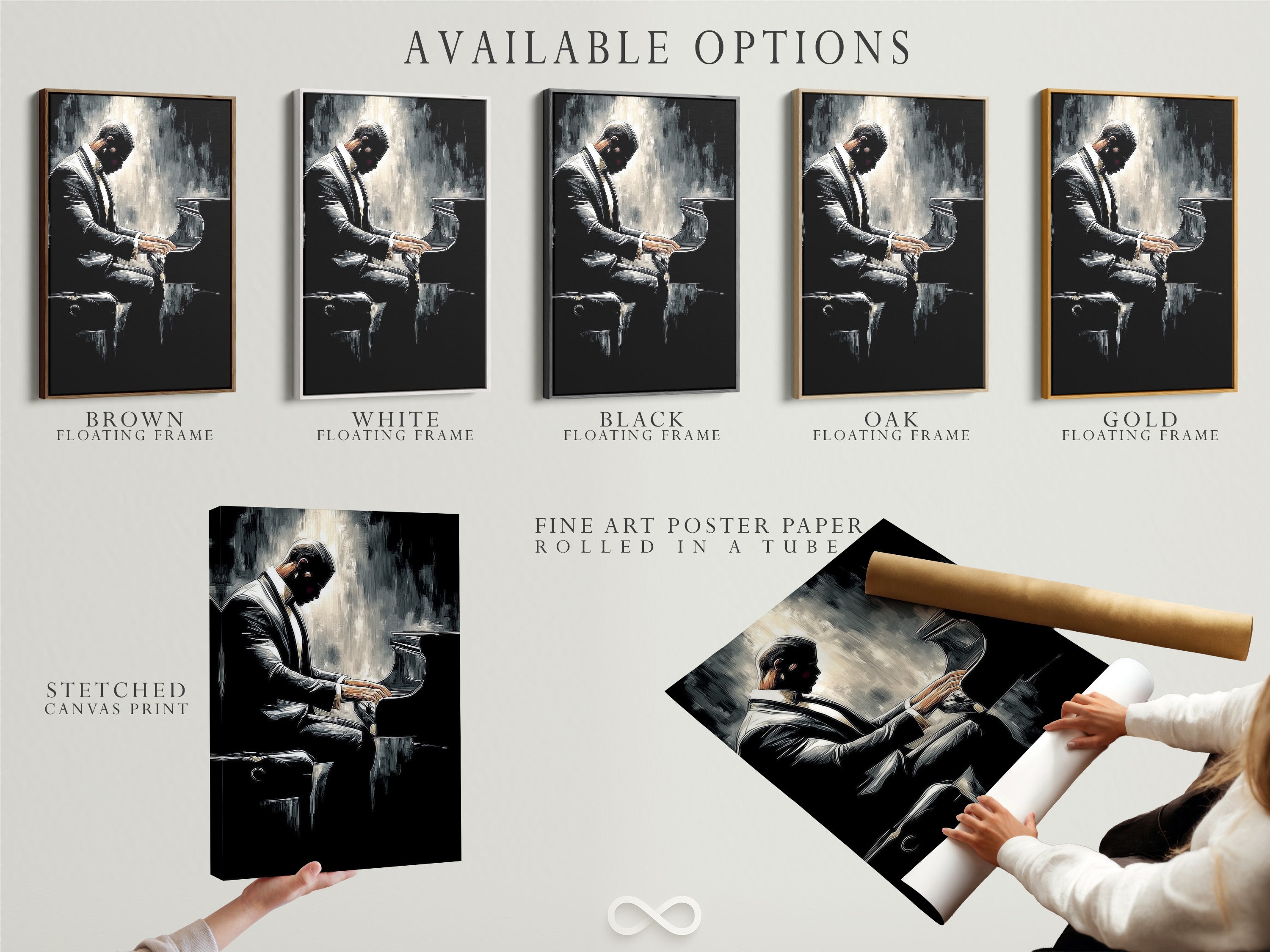 Available options are displayed: stretched canvas print fine art poster paper and floating frame. Select your preferred format for this jazz poster. Customize your artwork to fit your style. Choose from canvas prints or fine art posters. Select a floating frame for a modern look.
