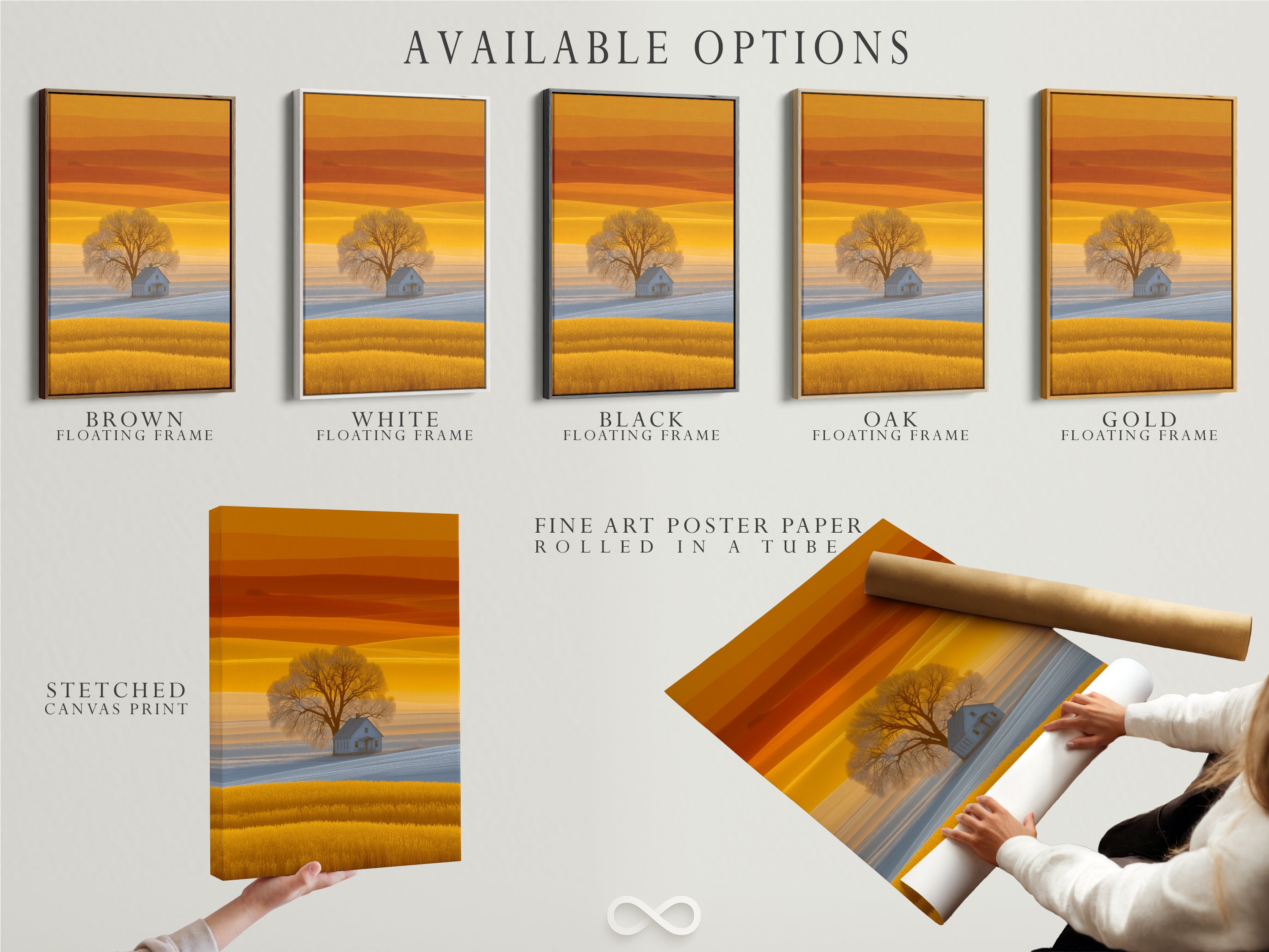 Explore available options for this farmhouse landscape artwork. Choose from a stretched canvas print or fine art poster paper. Consider a floating frame to enhance the golden field wall art. Customize your country house photography today.