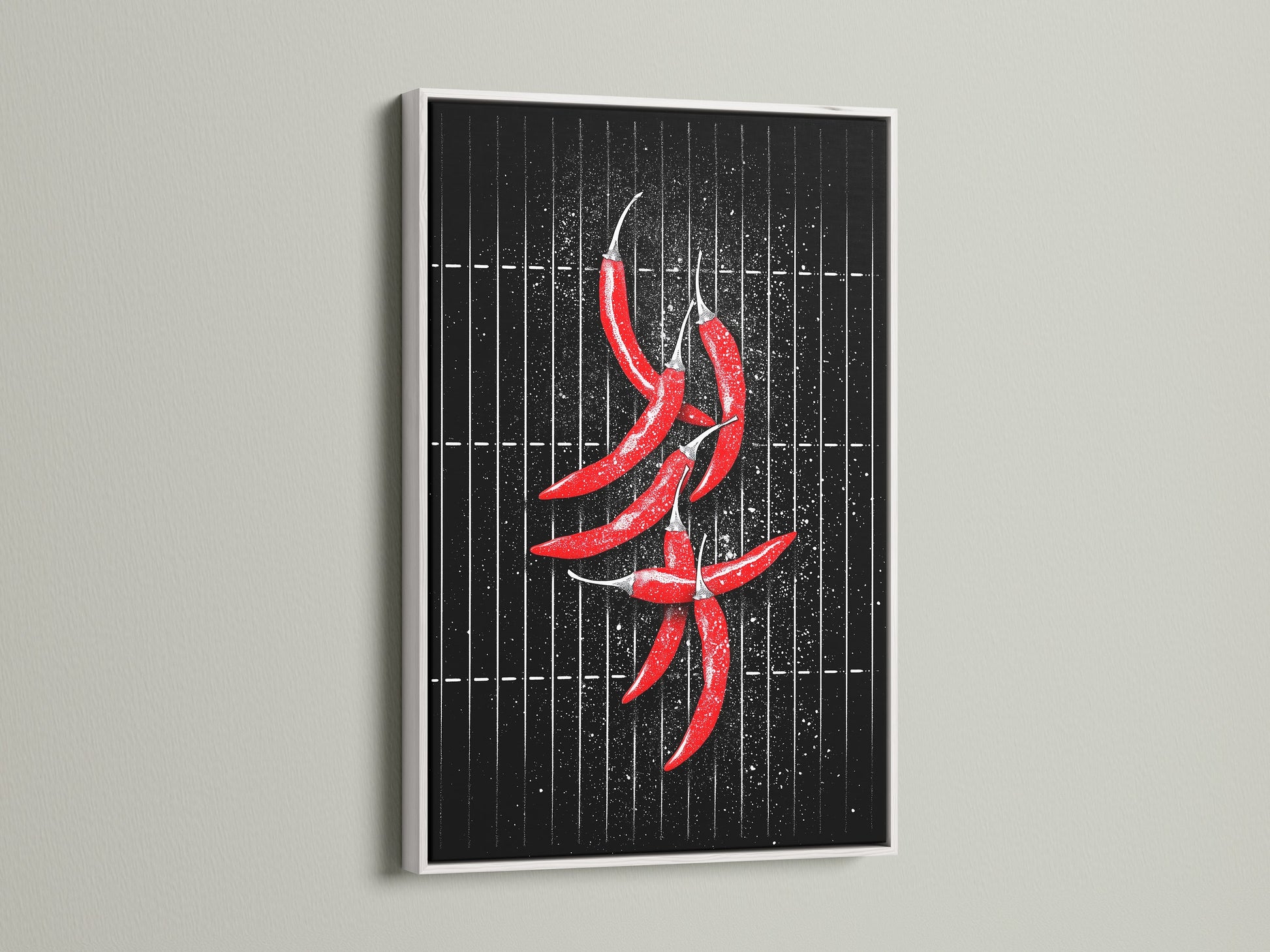 Enhance your cafe wall art with a chili pepper artwork in a white frame. Perfect for restaurant decorators this red chili print offers a clean modern kitchen aesthetic. Explore our hot pepper decor.
